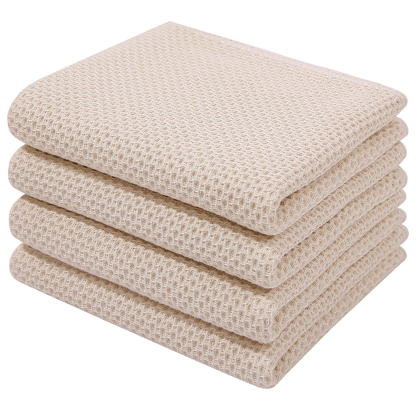 100% Cotton Waffle Weave Kitchen Dish Towels, Ultra Soft Absorbent Quick Drying Cleaning Towel, 13 x 28 Inches, 4-Pack, Beige