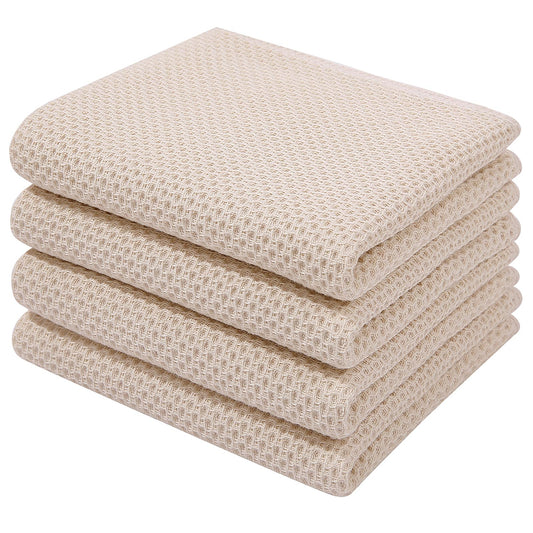 100% Cotton Waffle Weave Kitchen Dish Towels, Ultra Soft Absorbent Quick Drying Cleaning Towel, 13 x 28 Inches, 4-Pack, Beige
