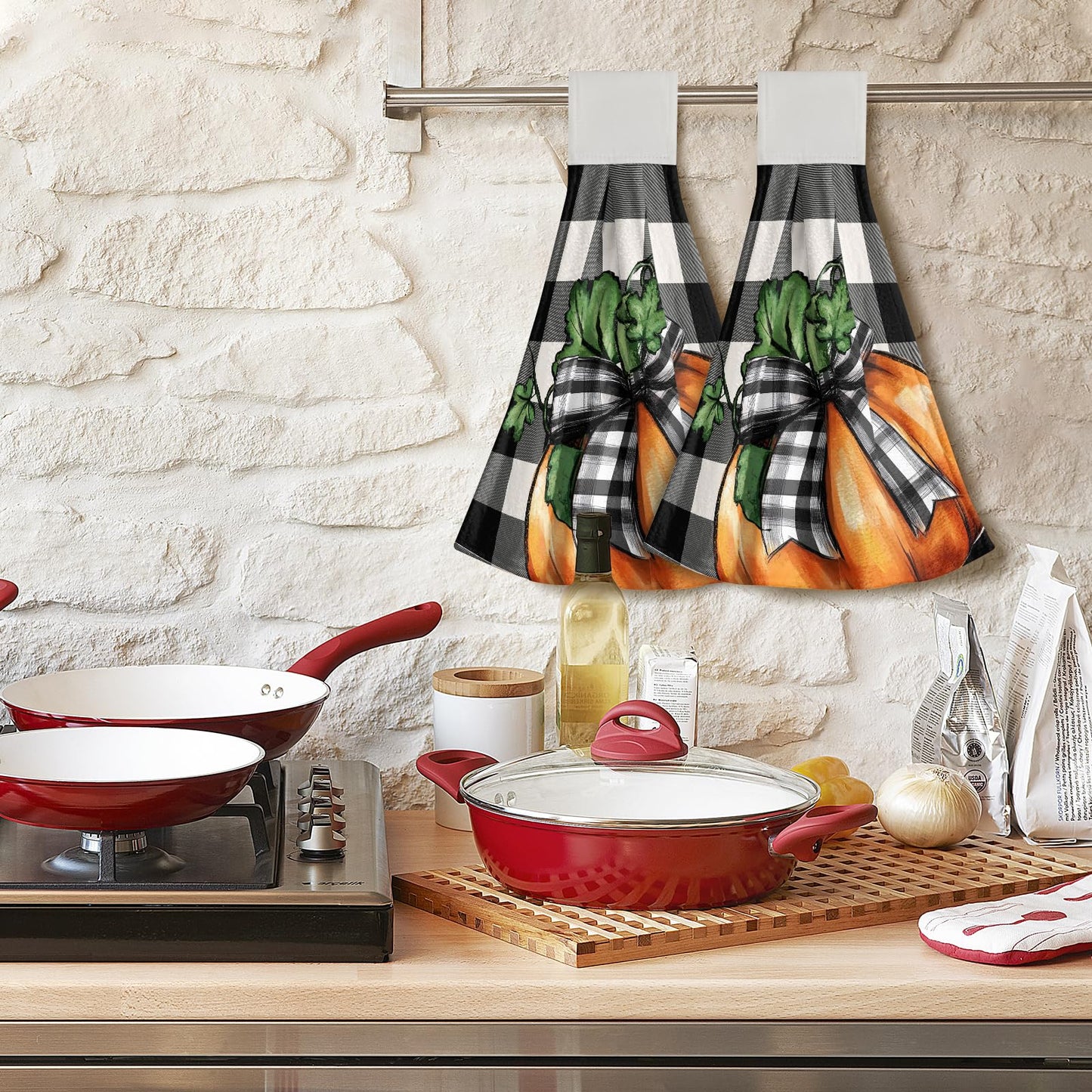 Fall Hanging Kitchen Towel Pack of 2- Autumn Orange Pumpkin Checkered Decor Hand Loop Hook Towels- Buffalo Plaid Thanksgiving Soft Washcloth Dish Wipe Towel for Bathroom Laundry Room