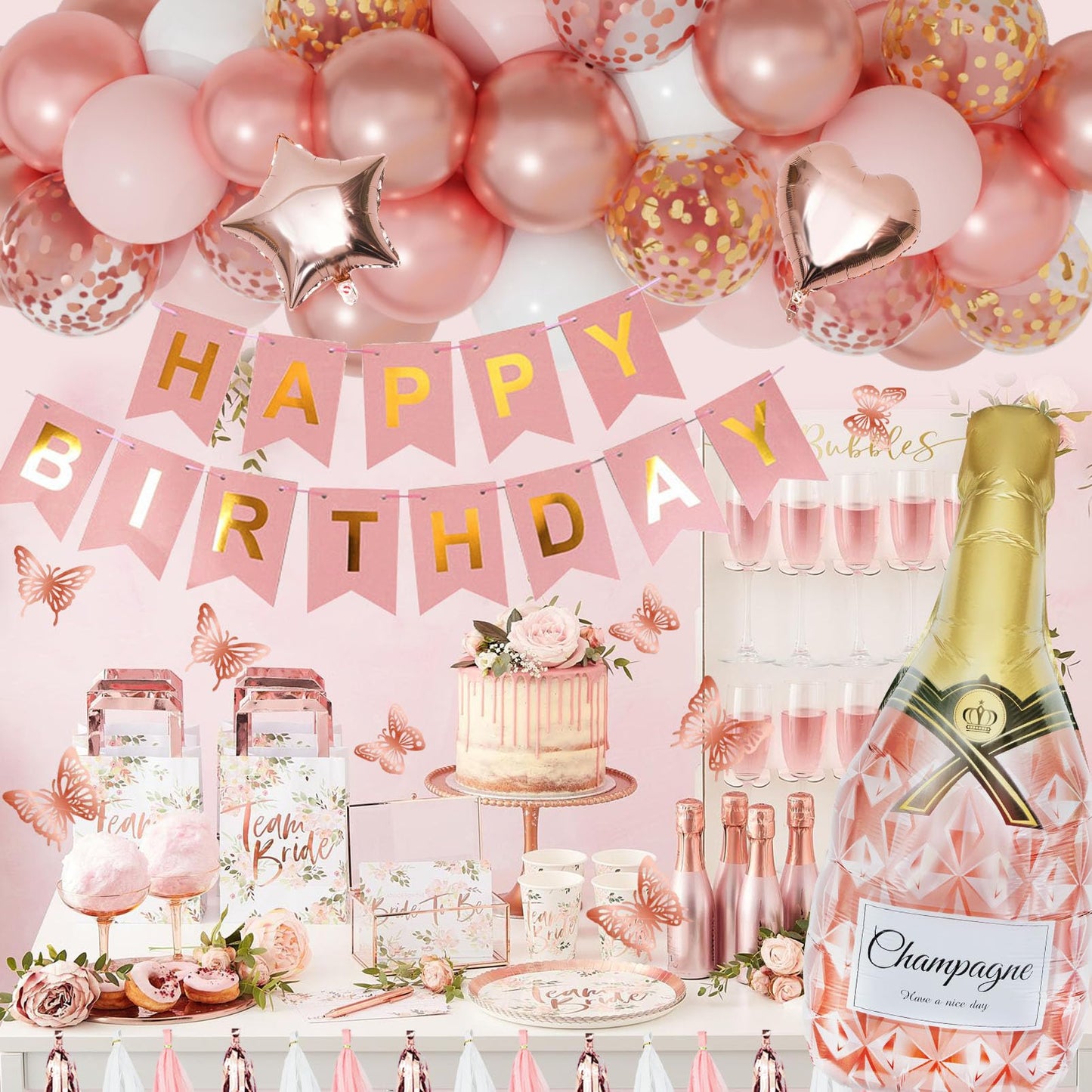 Rose Gold Birthday Party Decorations Kit for Women Girls, Foil Confetti Rose Gold Balloon Pink Happy Birthday Banner Fringe Curtains Butterfly Decor Circle Dots Tassels Pompoms Party Supplies