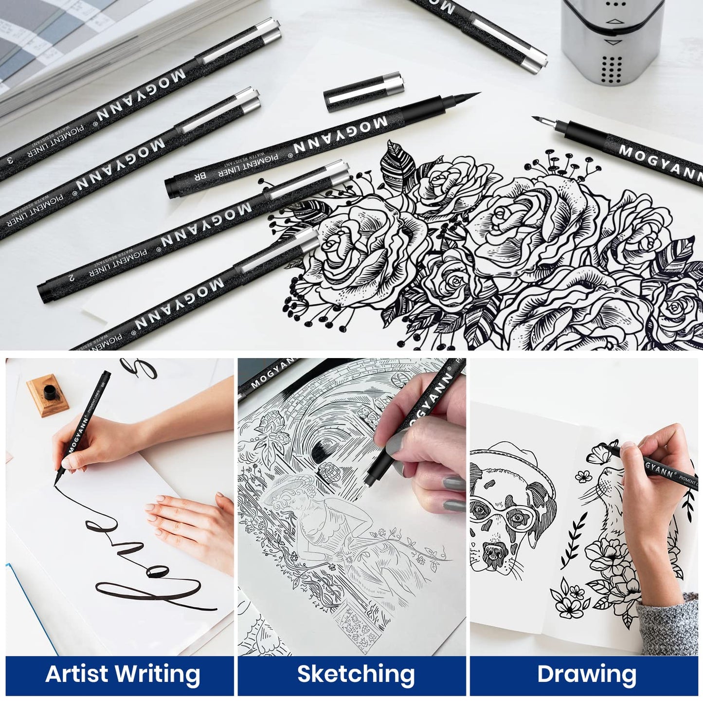 Mogyann Art Pens, Black Drawing Pens 8 size Ink Pens Set for Artist Writing, Sketching, Manga, Anime