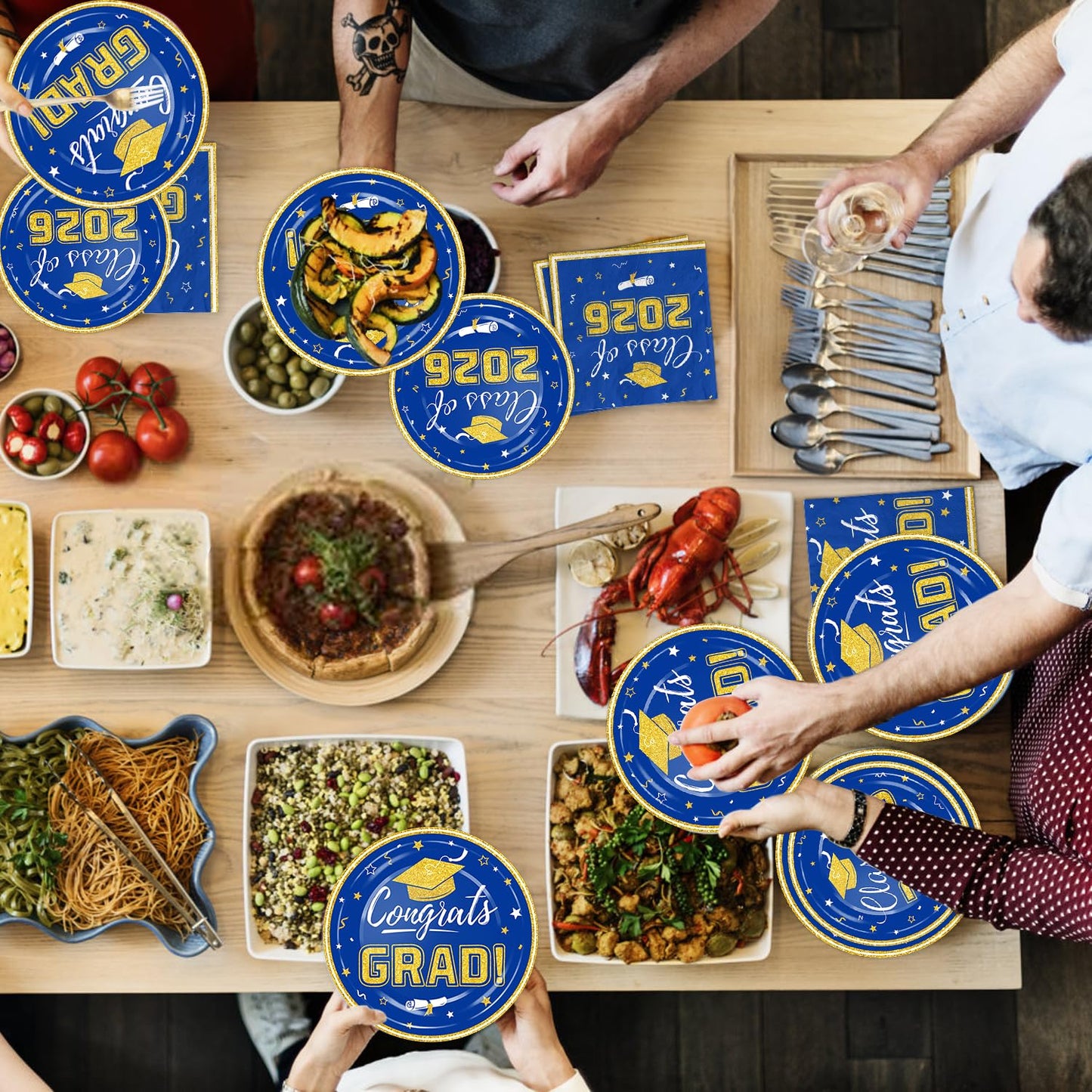 Graduation Plates and Napkins 2026 Congrats Grad Disposable Paper Plates Cocktail Napkins Luncheon Napkins for Blue and Gold Graduation Party Decorations, Serve 50