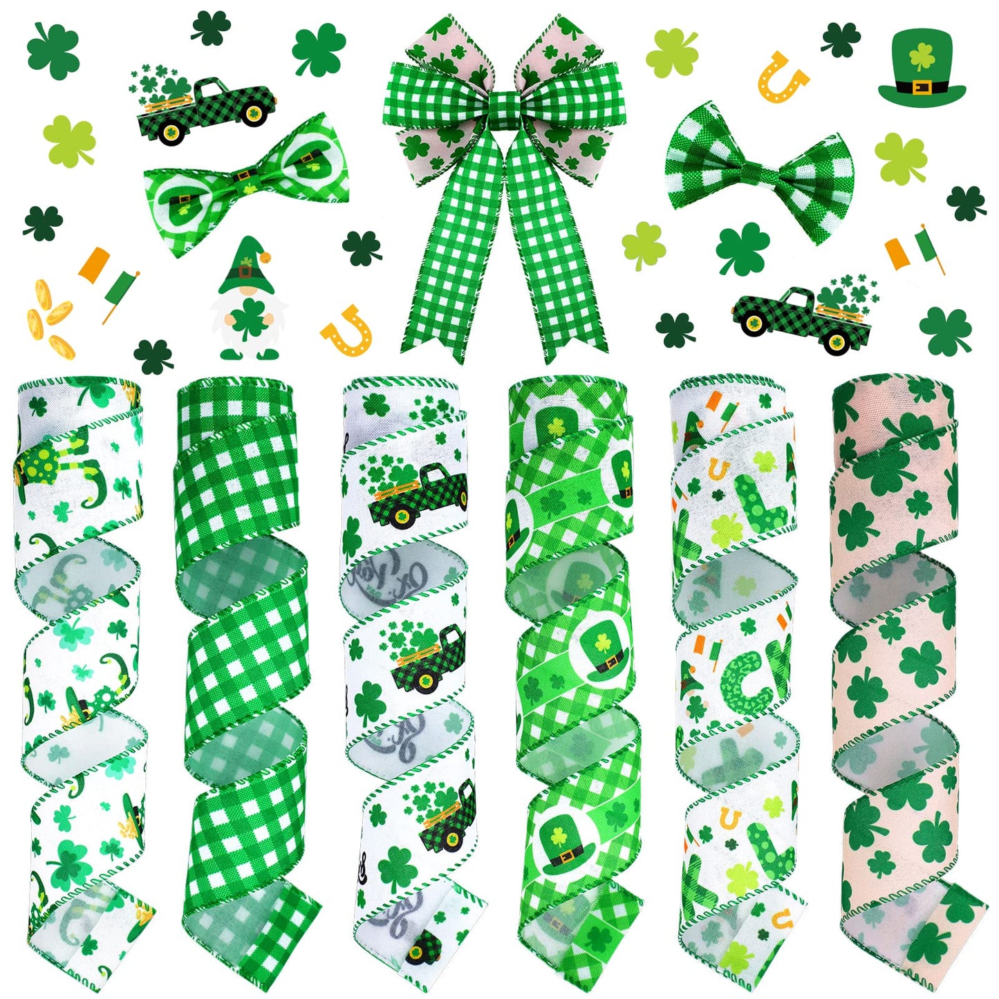 6 Rolls 30 Yards St. Patrick's Day Ribbon Wired Buffalo Plaid Checkered Craft Irish Green Shamrock Truck Fabric Ribbon for Party DIY Crafts 2 Inch (Shamrock)