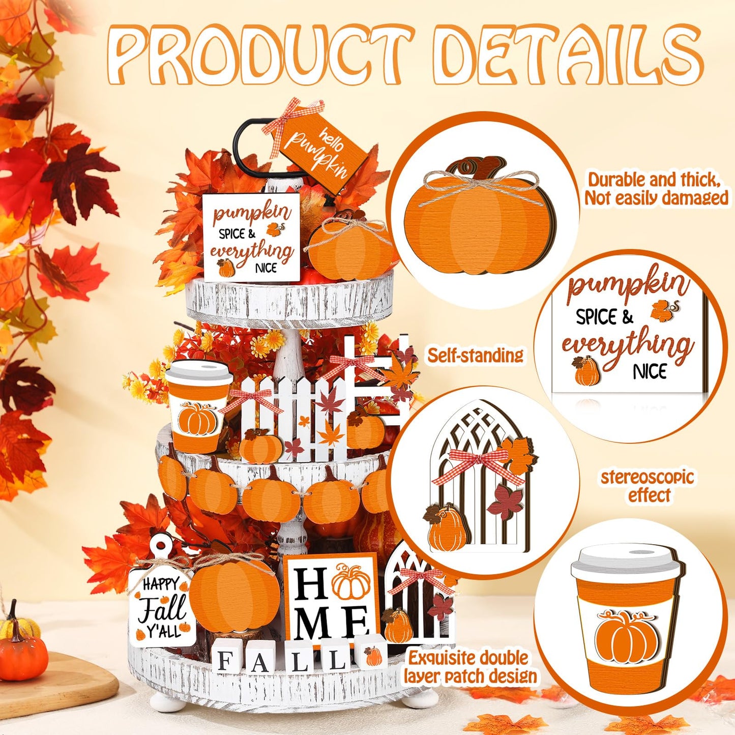 Set of 15 Fall Tiered Tray Decor Pumpkins Farmhouse Decor Autumn Maple Leaf Table Centerpieces Thanksgiving Harvest Wood Blocks Signs for Home Decor(Cute Style)