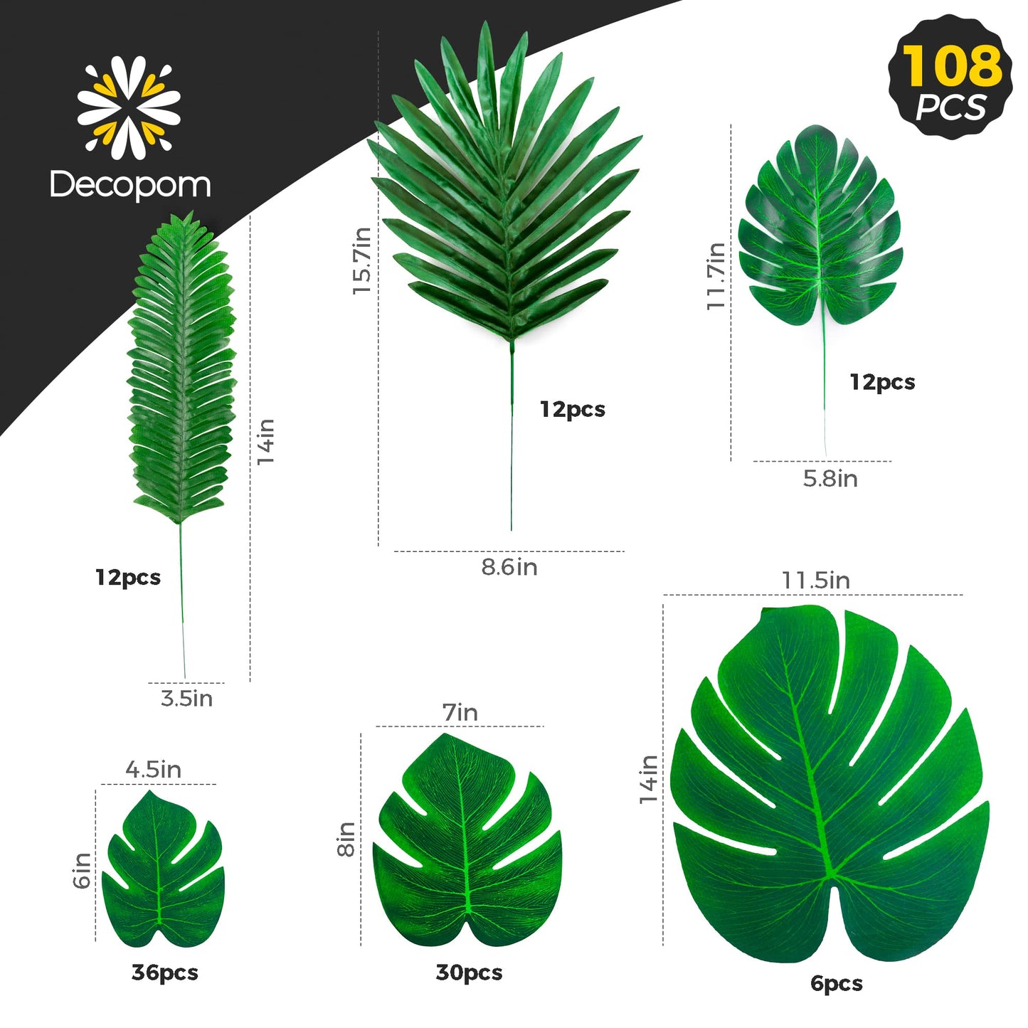 108 Pack Palm Leaves Artificial Tropical Monstera - 6 Kinds Large Small Green Fake Palm Leaf with Stems for Safari Jungle Hawaiian Luau Party Table Decoration Wedding Birthday Theme Party Decorations