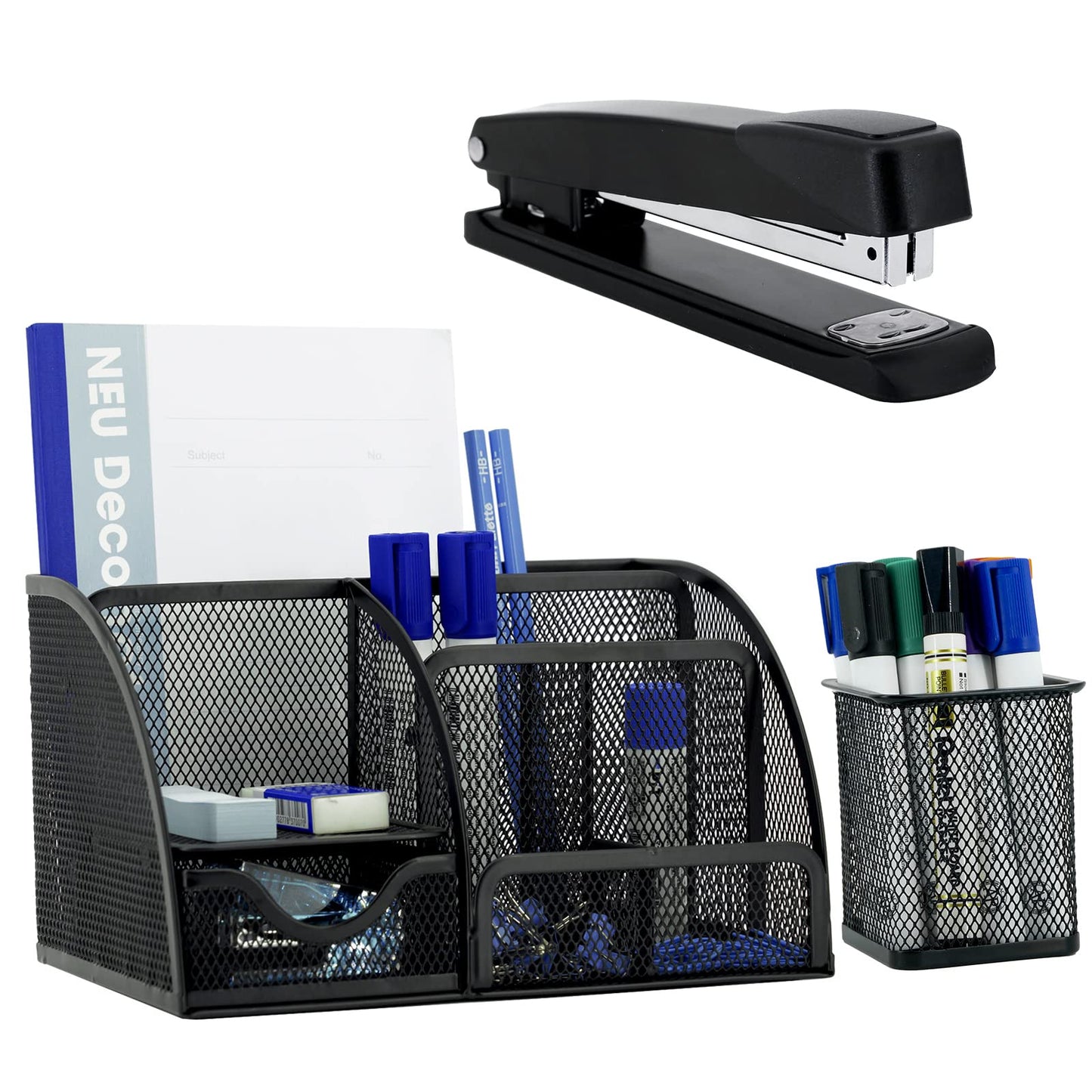 Desk Organizers, Office Supplies Desktop Organizer with Drawer and 6 Compartments, Black Desk Caddy + Pen Holder/Stapler with 1000 Staples Combo for Office Home School