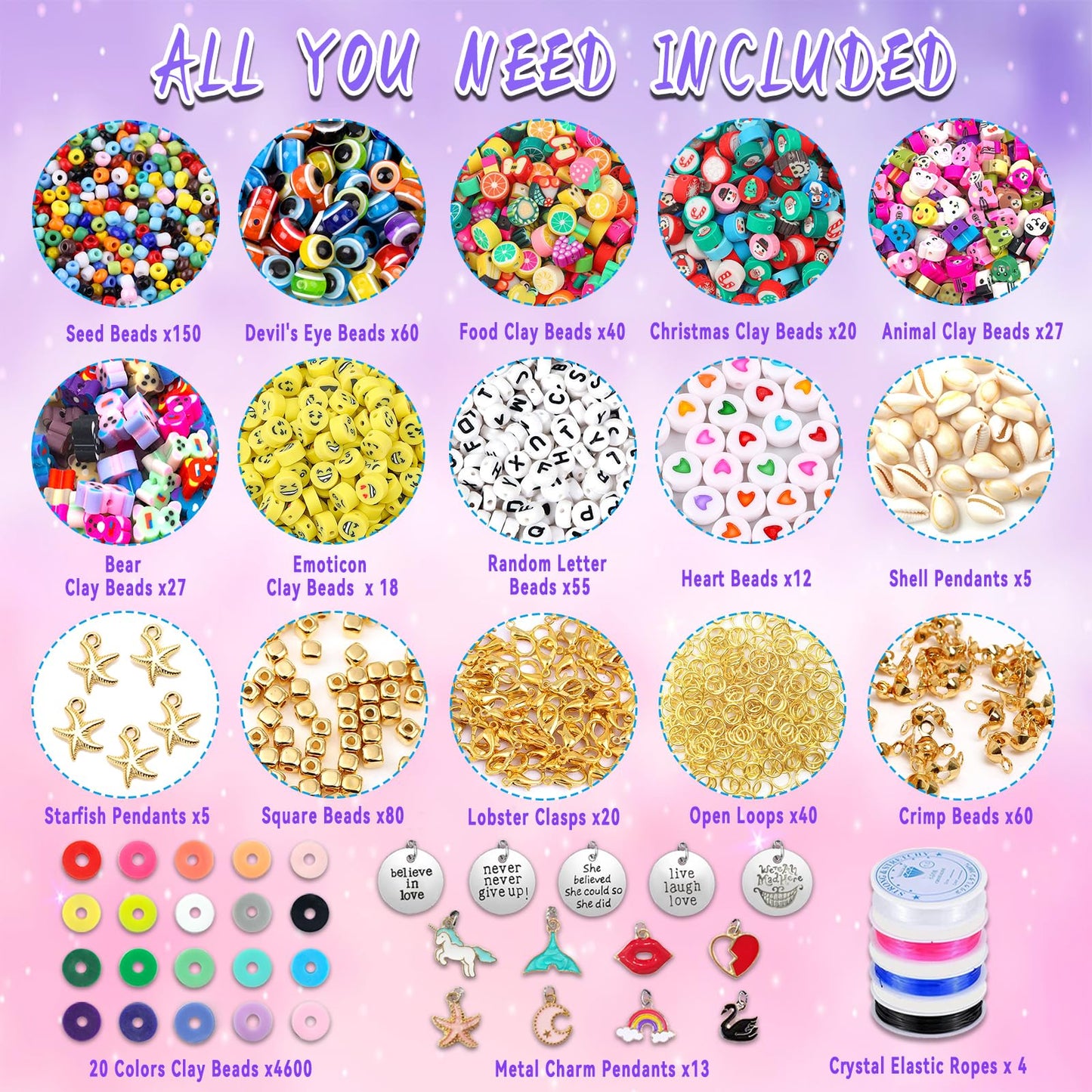 Clay Beads Bracelet Making Kit,Flat Round 6mm Clay Beads for Jewelry Making with Pendant Charms Kit,Art Crafts Gift Sets for Girls Ages 3 4 5 6 7 8 9 10 11 12