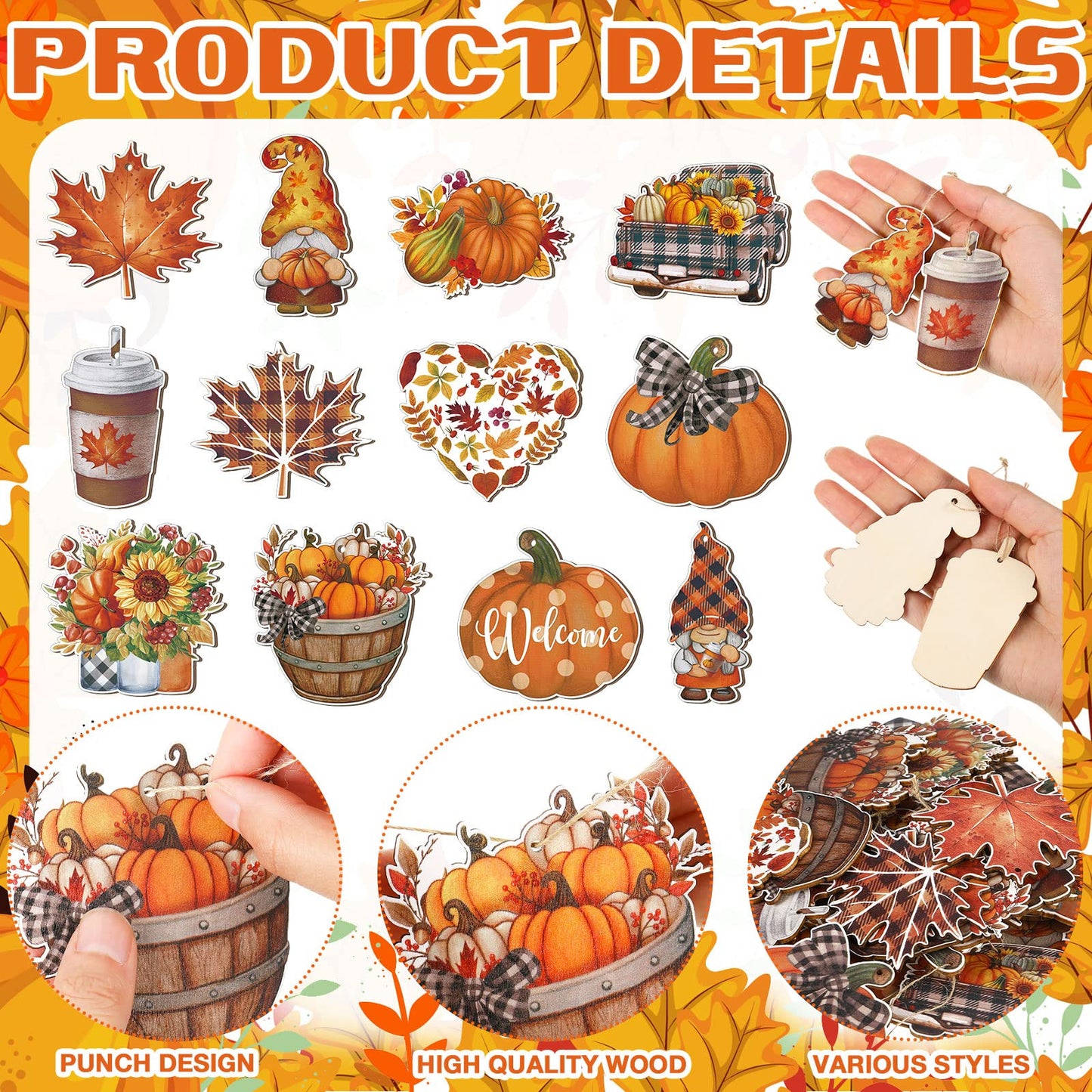 FairySandy 36 Pcs Fall Tree Decorations Thanksgiving Gnomes Ornaments for Tree Wooden Hanging Ornaments Pumpkins Leaves Flowers Cutouts Autumn Decorations for Holiday Party Supply(Cute Style)