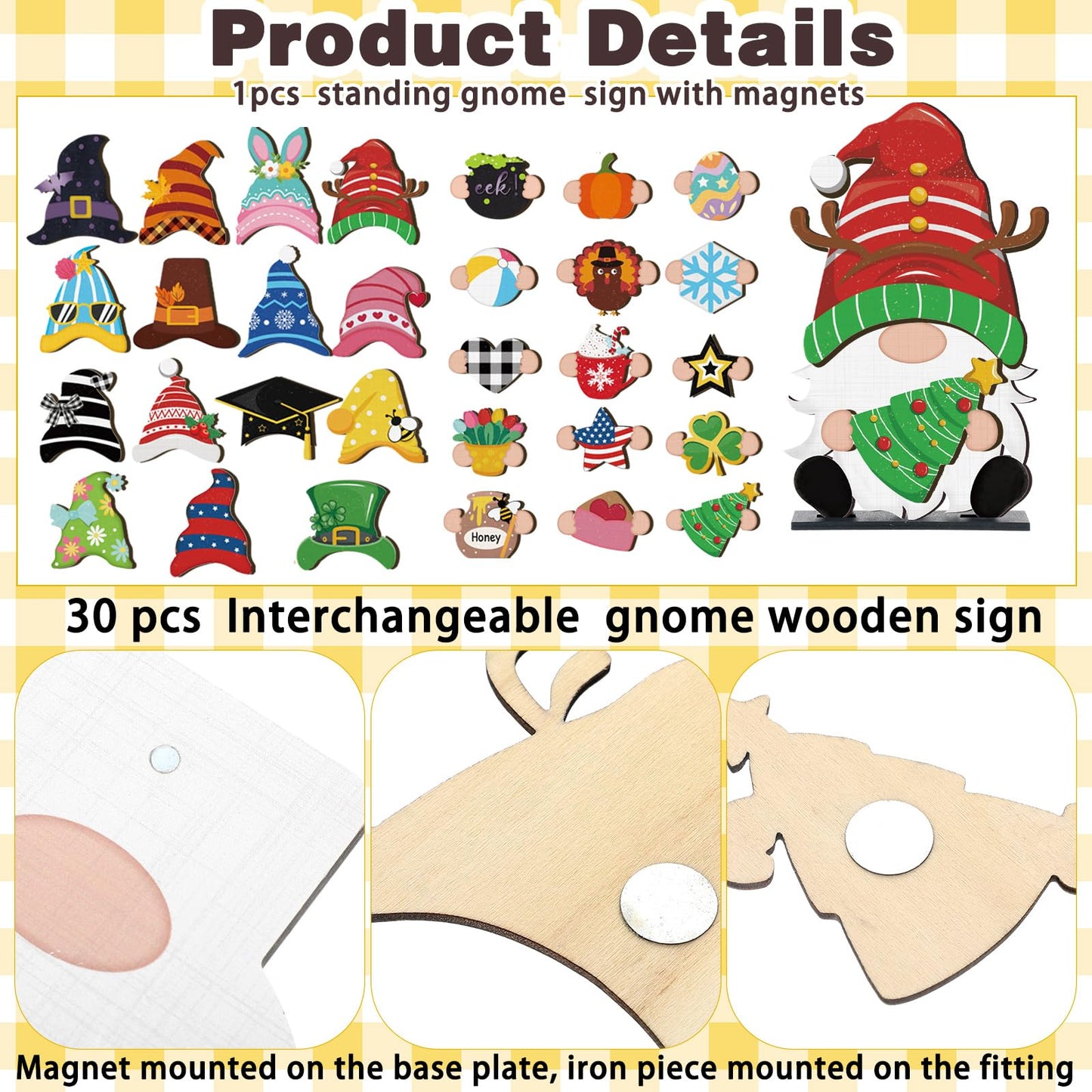 32 Pcs Christmas Interchangeable Wooden Gnome Decor DIY Holiday Christmas Seasonal Tiered Tray Decoration Gnomes with Magnet Pieces Welcome Sign for Xmas Holiday Decorations (Cute)