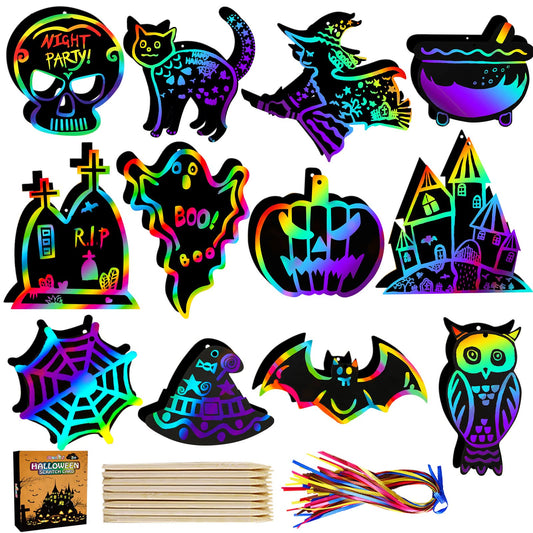 Max Fun Halloween Crafts for Kids Scratch Off Art Paper Cards 48Pack, Magic Rainbow Ornaments Hanging Supplies Educational Toys Kit Halloween Party Games Favor