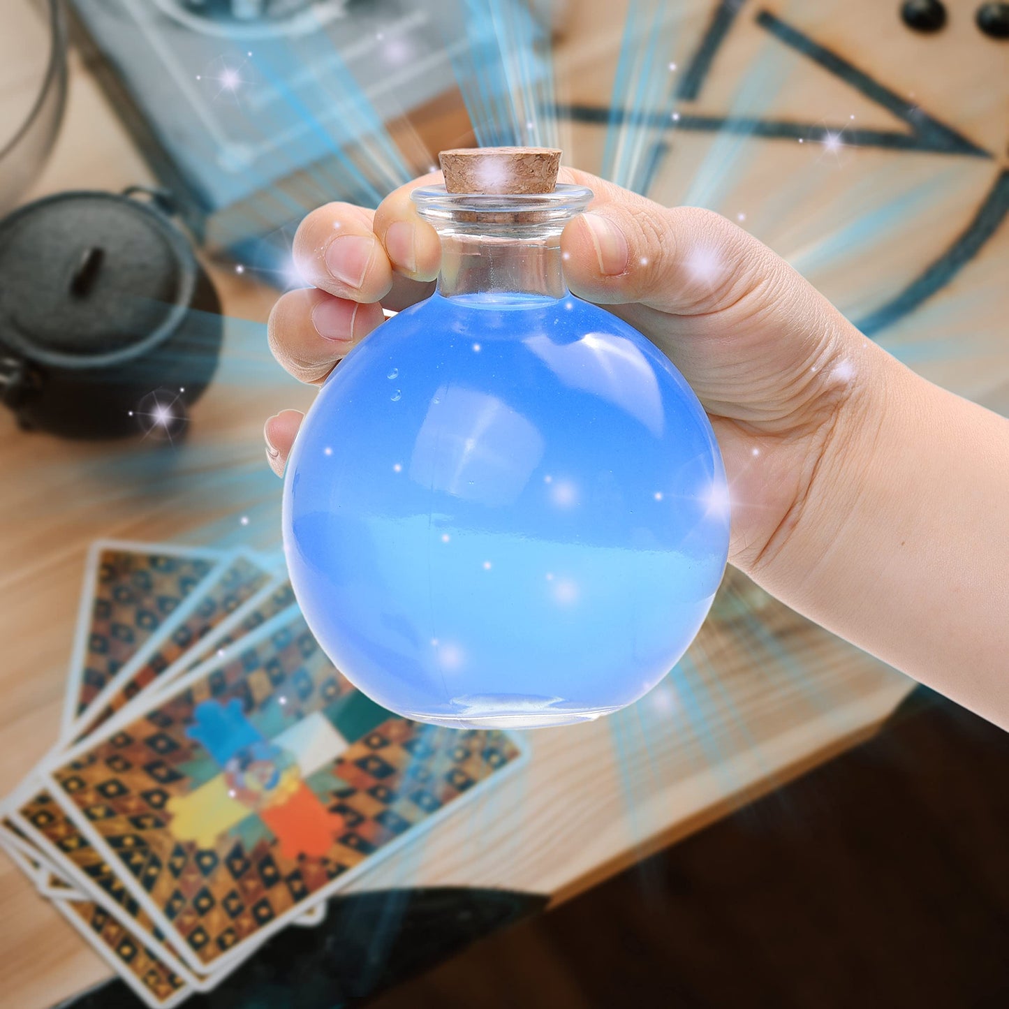 Eco-Fused Cosplay Potion Bottle 2x (Big/Small) - Clear Spherical Cosplay, Wizard, Witch Costume Accessory - Incl. Cork Stopper, Black Faux Leather Sleeve Holder, Belt Loop
