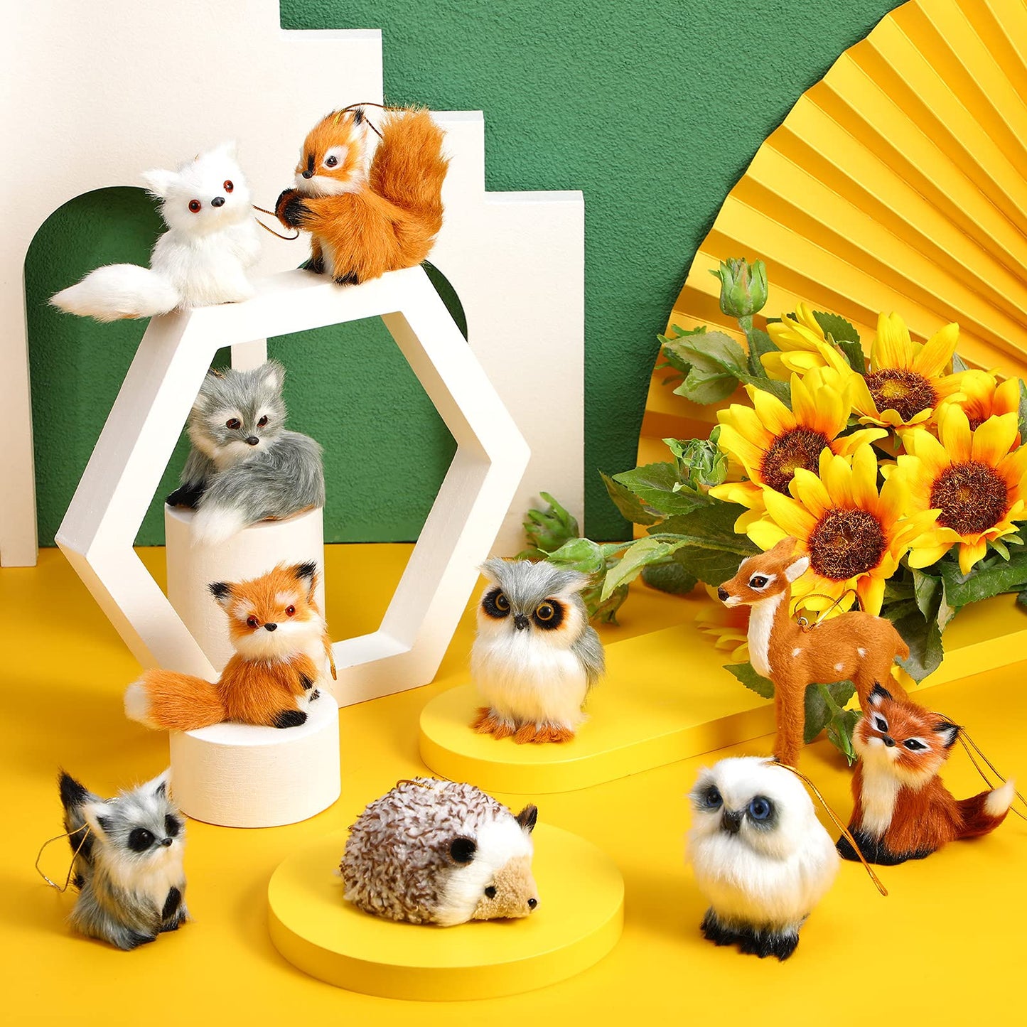 10 Pieces Forest Animals Ornaments Woodland Animal Faux Fur Plush Hanging Ornaments Family Educational Playset for Fall, Christmas, Winter Birthday Party Supplies(Animals)