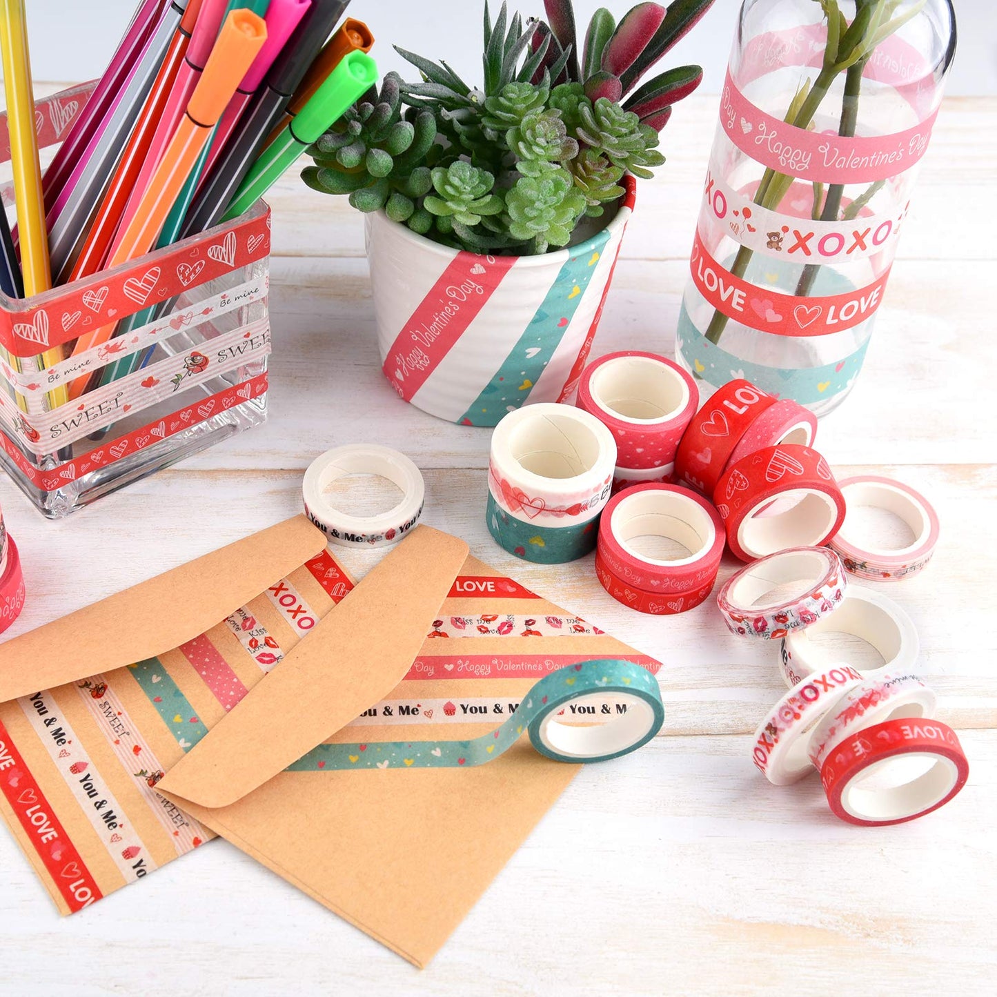 20 Rolls Valentines Washi Tape Set, Pink Heart Washi Tape 8MM/15MM Wide Love Craft Tape Valentines Gift Wrapping Tape for DIY Valentine's Day Greeting Card, Holiday Party Supplies