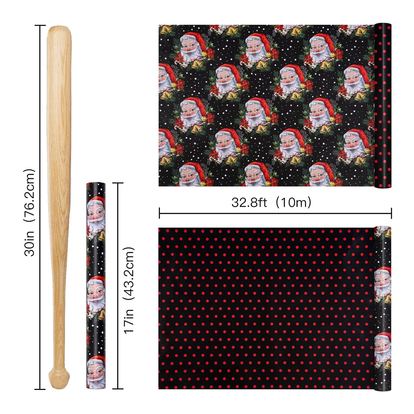 Christmas Reversible Wrapping Paper Roll for Women Men, Mini Roll, Vintage Santa Claus and Red Polka Dot Design, Black Gift Wrap for Christmas Party, Holiday Gifts, 17 Inches x 32.8 Feet