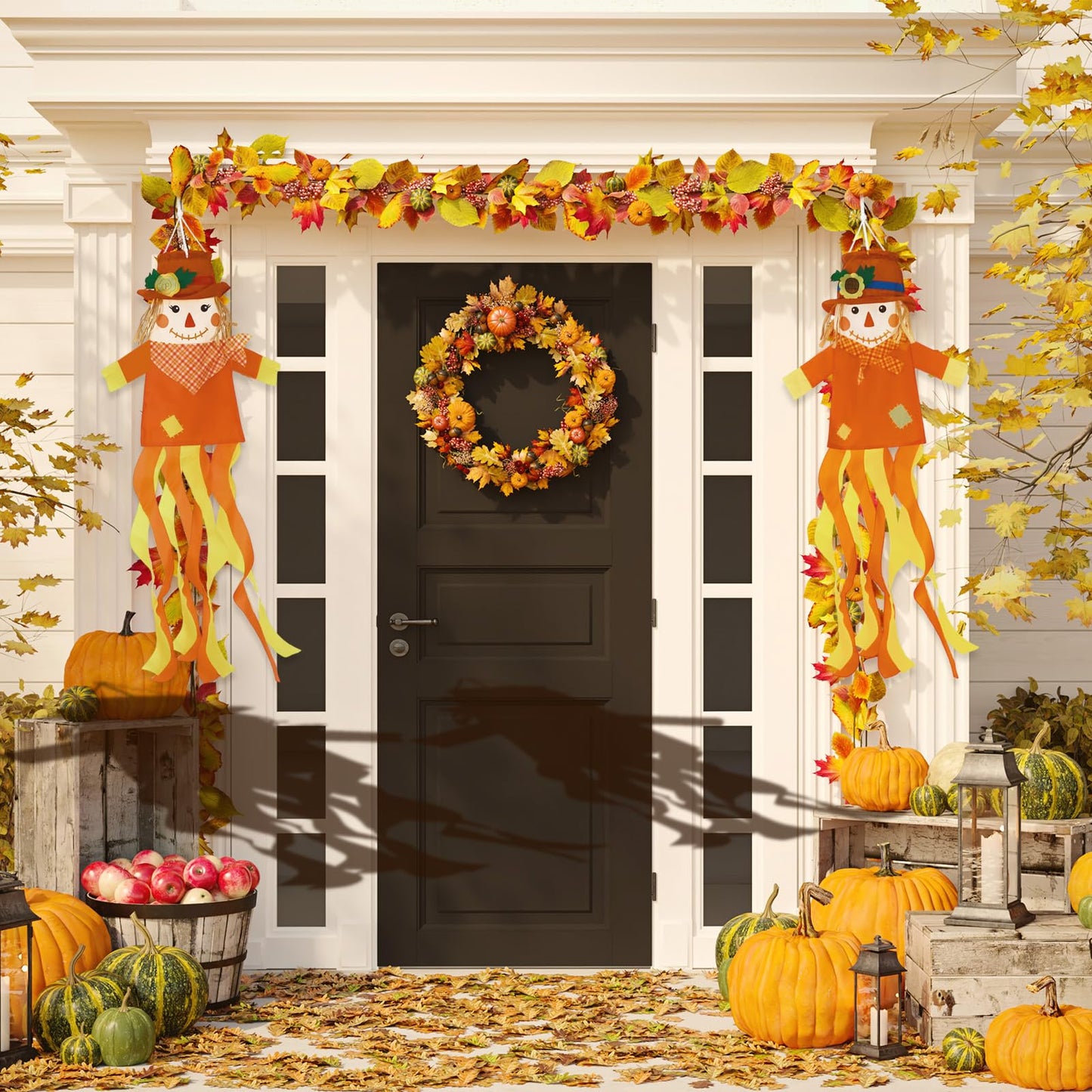 2 Pcs Fall Scarecrows Windsocks, 40 Inch Outdoor Autumn Wind Sock Thanksgiving Hanging Scarecrow Decorations for Garden Patio Party Home Yard Decor