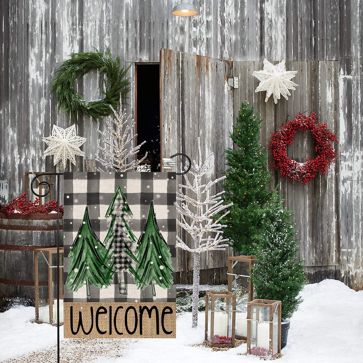 Welcome Christmas Trees Winter Garden Flag 12 x 18 Inch Vertical Double Sided Buffalo Plaid Holiday Yard Outside Xmas Décor
