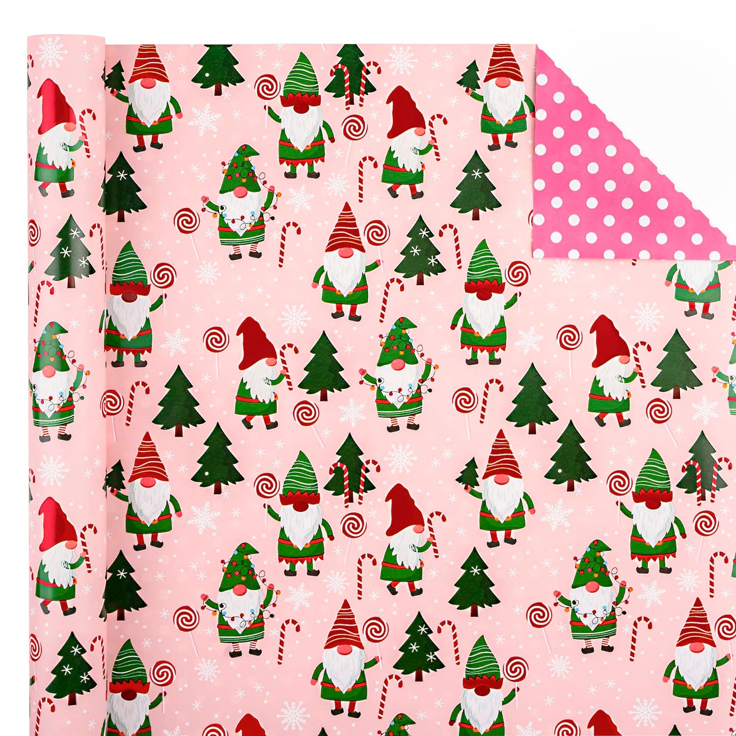 Reversible Gnome Christmas Wrapping Paper - Mini Roll - 17 Inch x 33 Feet - RRed Green Gnome Wrapping Paper and Pink White Polka Dots for Christmas, Holiday, Party