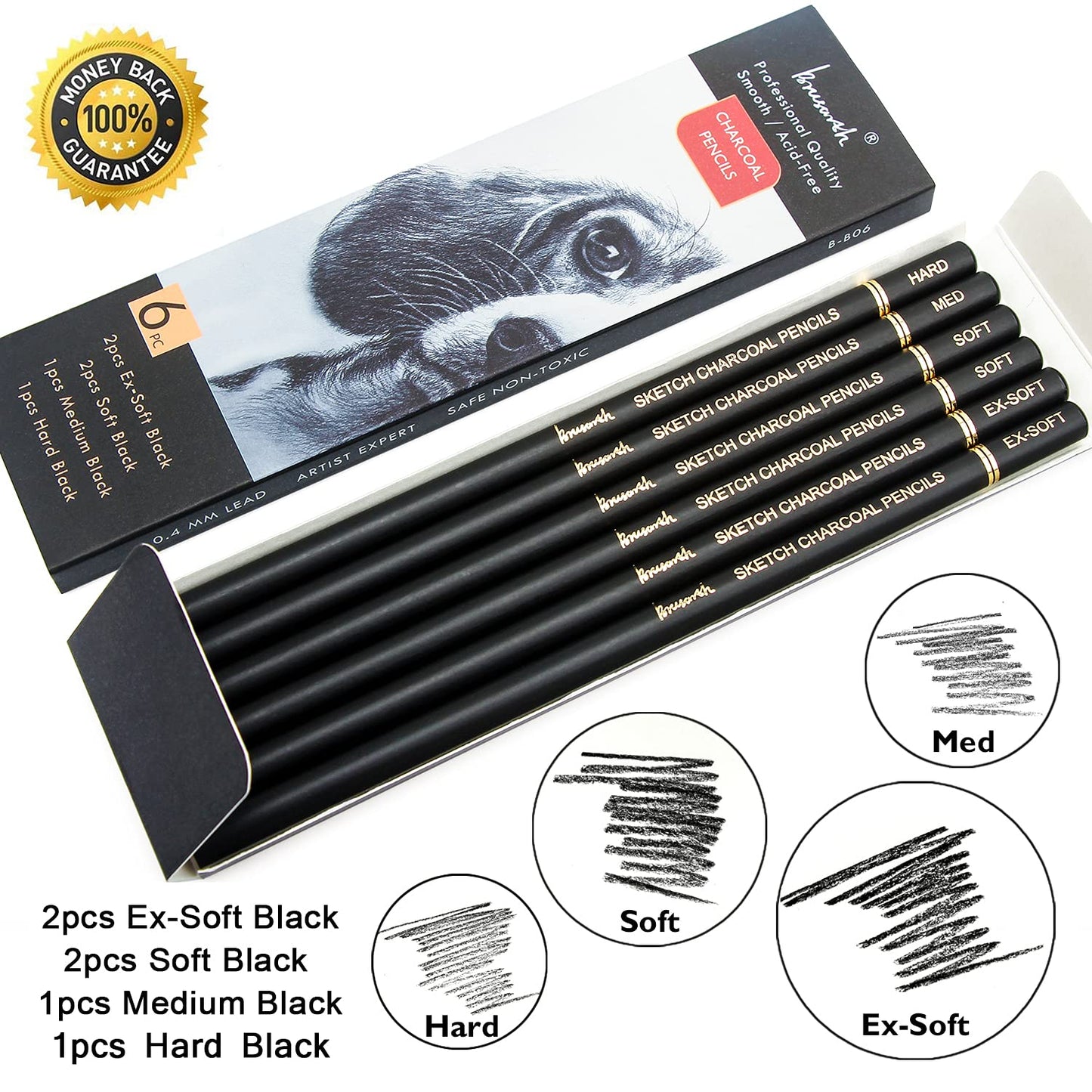 Brusarth Professional Charcoal Pencils Drawing Set - 6 Pieces Soft Medium and Hard Charcoal Pencils for Drawing, Sketching, Shading