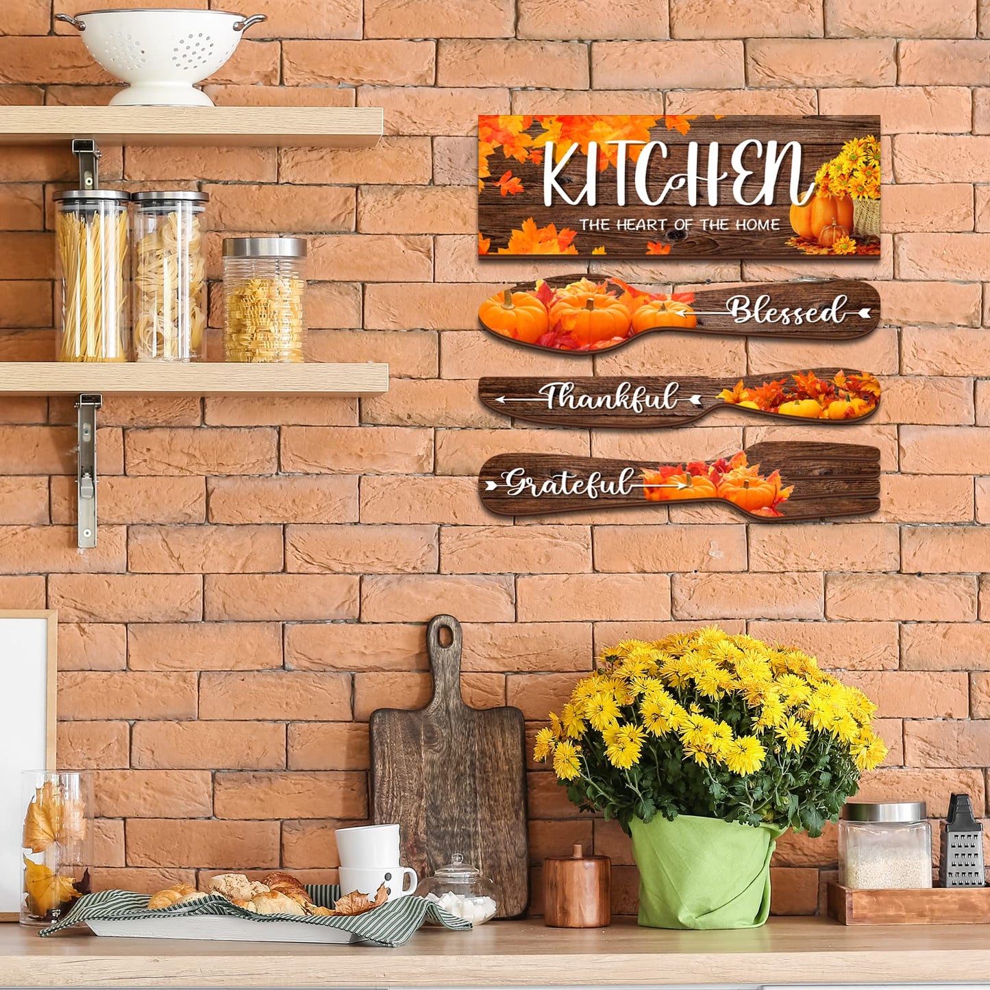 YLOLUL 4 Pieces Fall Pumpkin Kitchen Decor Eat Sign Set Fork and Spoon Wooden Hanging Wall Decor Art Rustic Country Farmhouse Kitchen Maple Fall Wall Art Sign for Dining Room Home