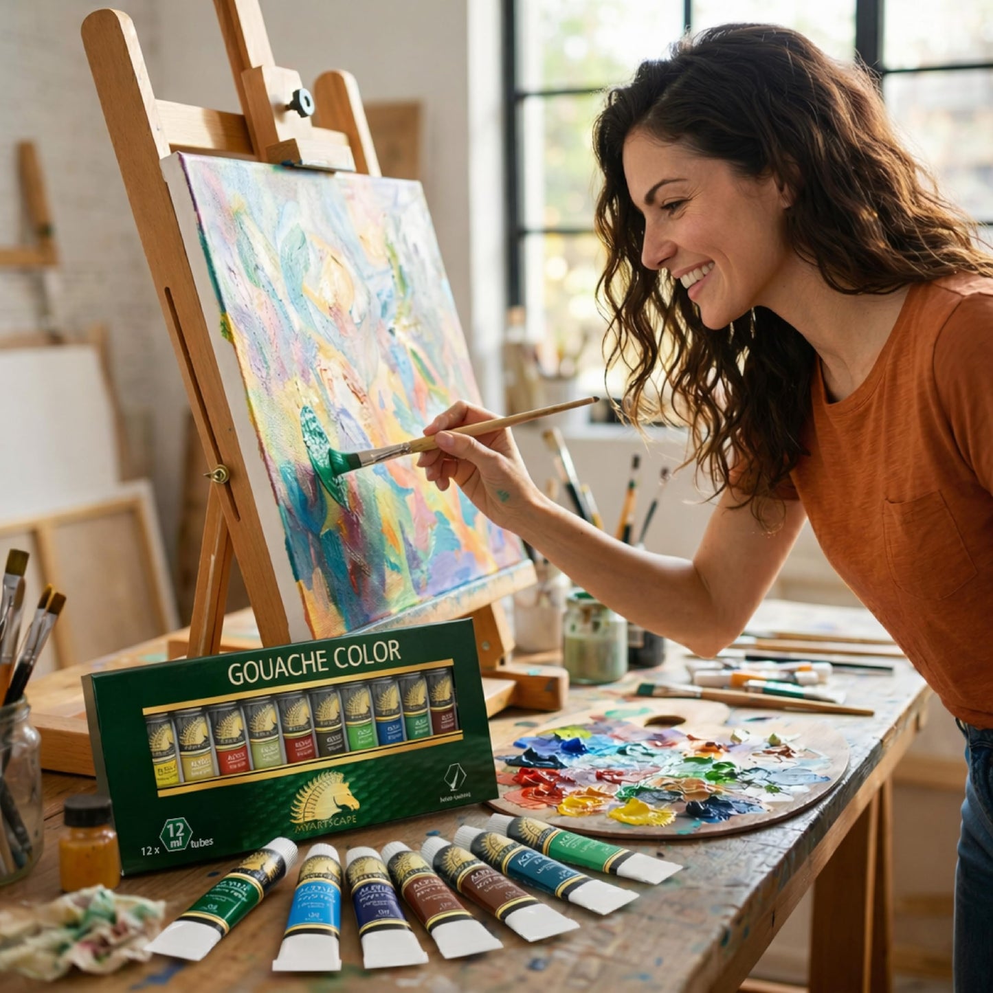 MyArtscape Gouache Paint Set, 12 Colors, 12 x 0.4 fl oz (12 ml) Tubes, Artist Quality High Pigment Matte Rewettable Gouache Paints for Canvas, Illustration & Professional Art