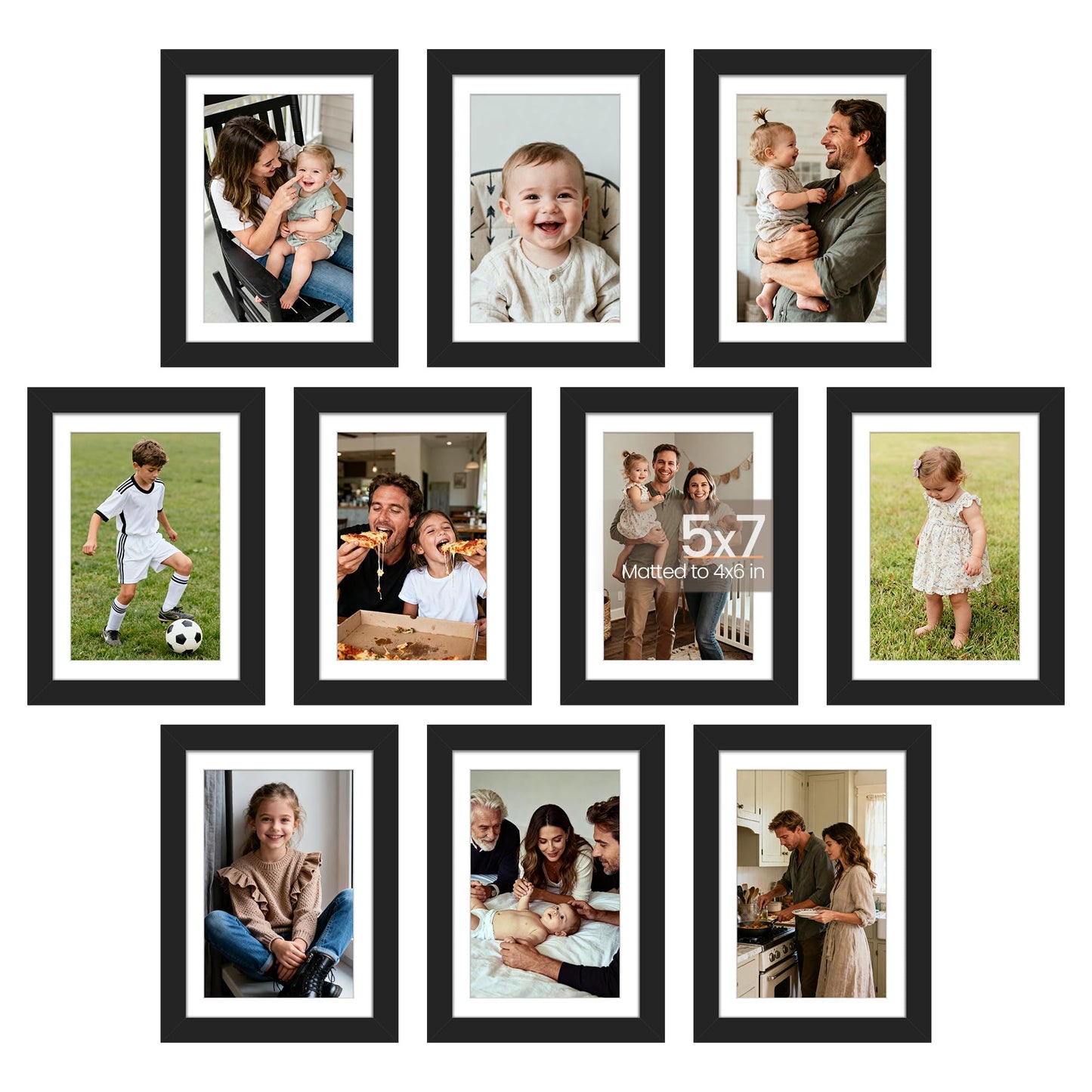 5x7 Picture Frame Set of 10, Display Pictures 4x6 with Mat or 5x7 Without, Multi Photo Frames Collage for Wall or Tabletop Display, Black