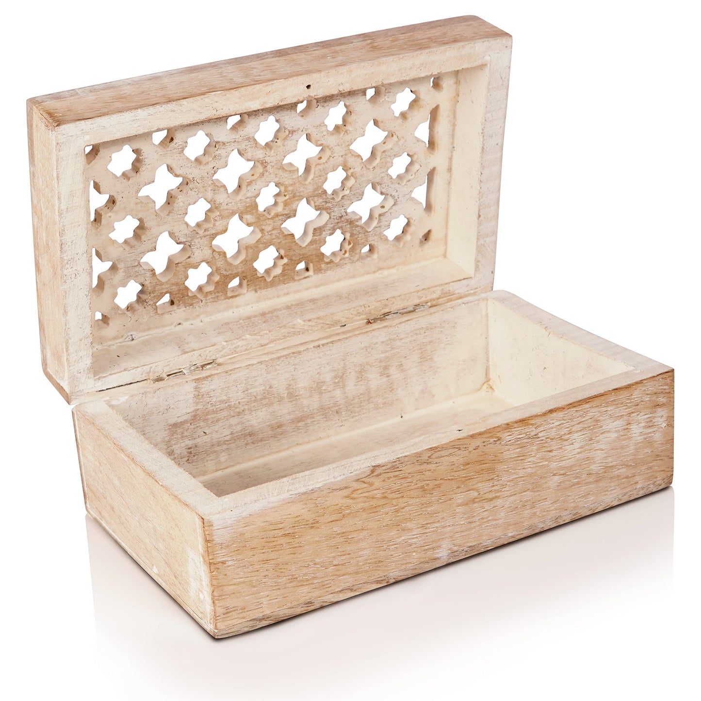 Mela Artisans Decorative Storage Box with Hinged Lid - Whitewash, Medium | 7.5” x 4.5” x 3” | Rustic Trellis Design | Mango Wood Crafted | Ideal for Keepsakes, Trinkets, Jewelry and Other Stash