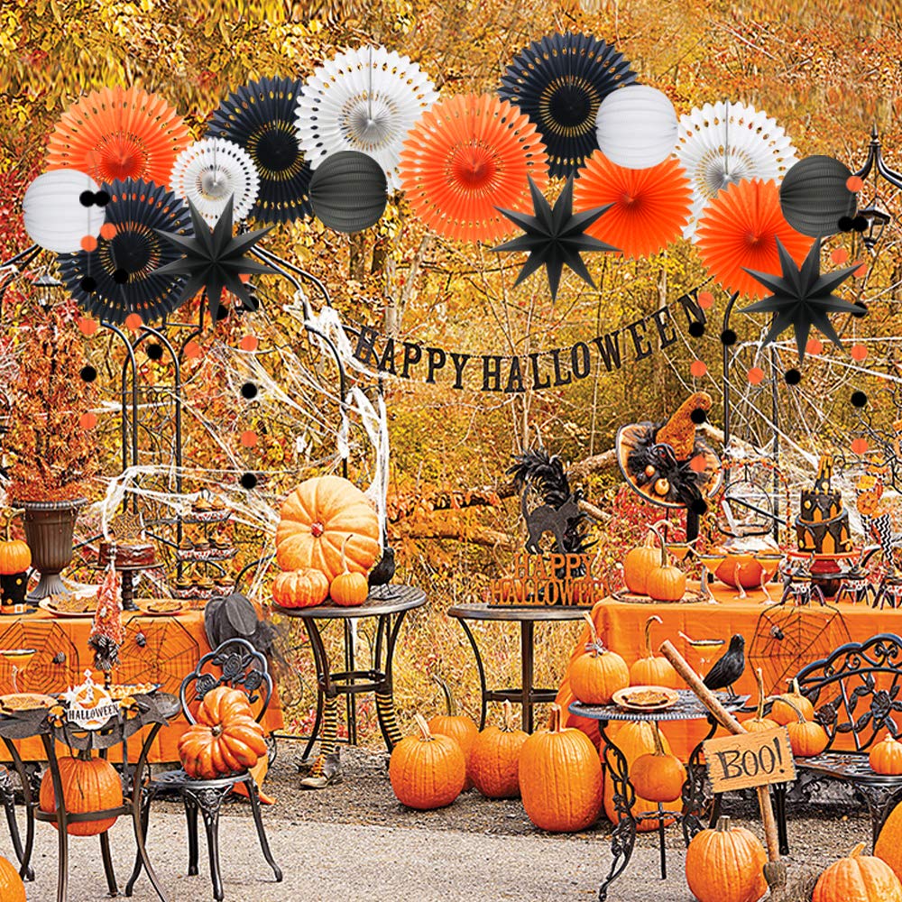 Orange White Black Halloween Decorations, Hanging Tissue Paper Fans Circle Garland Paper Lanterns for Graduation Wedding Anniversary Birthday Backdrop Decor