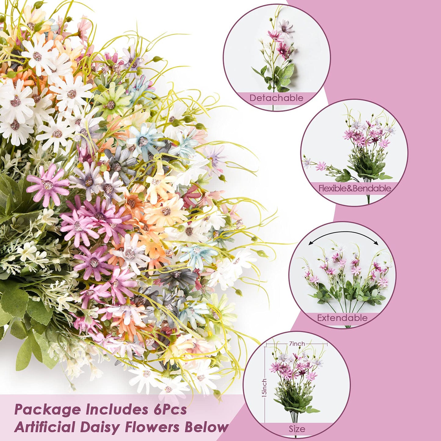 AUMVEYI 6 Bundles Wildflowers Artificial Flowers Outdoor Fake Daisy UV Resistant Silk Wild Flower Bouquets Bulk Faux Plants Plastic Greenery for Decoration vase Floral Arrangements Home Décor