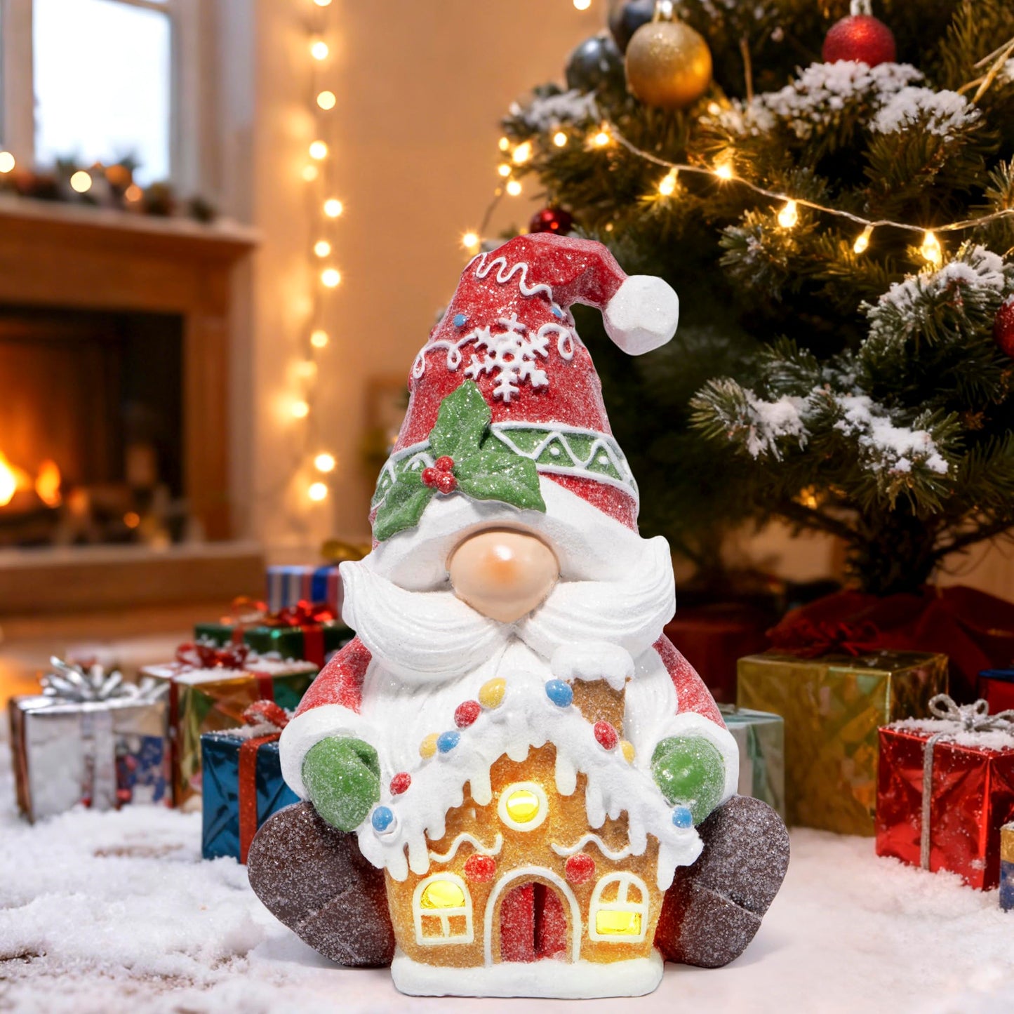 Christmas Gnome Figurine with Gingerbread House | Holiday Elf Decoration with Santa Beard, Snowflake Hat – Christmas Tabletop Ornament for Home, Fireplace Mantel & Holiday Decor