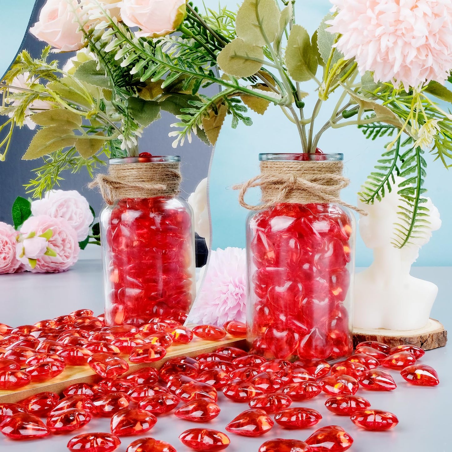 215pcs Red Heart Acrylic, 1Inch Crystal Rhinestones, Diamond Fake Gems Vase Filler for Table Scatters Wedding Party Event Valentine's Day Decoration Favor