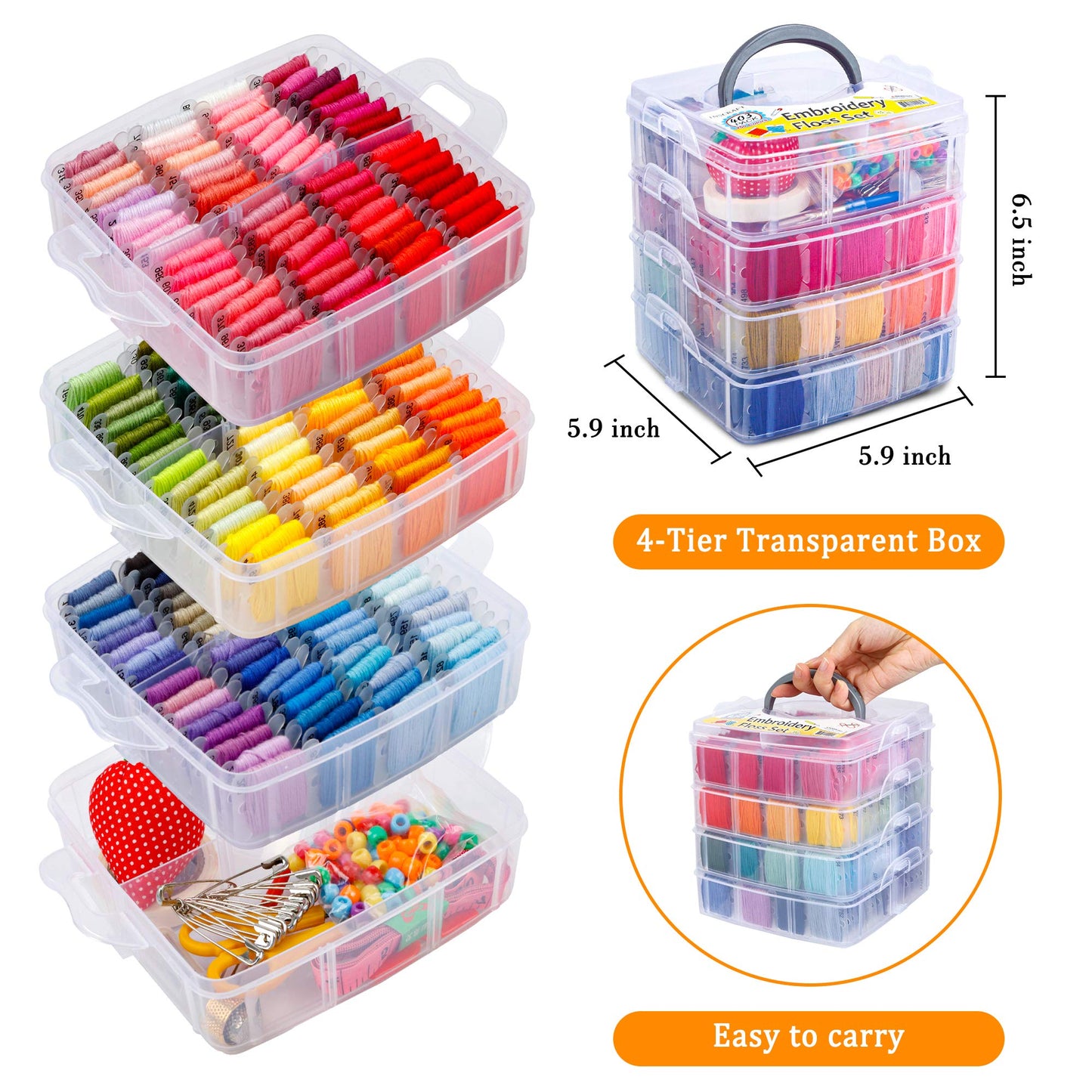 403 Pack Embroidery Floss Set, 250 Colors Cross Stitch Friendship Bracelet Thread with 153 Pcs Cross Stitch Tool, 4-Tier Transparent Box for Storage