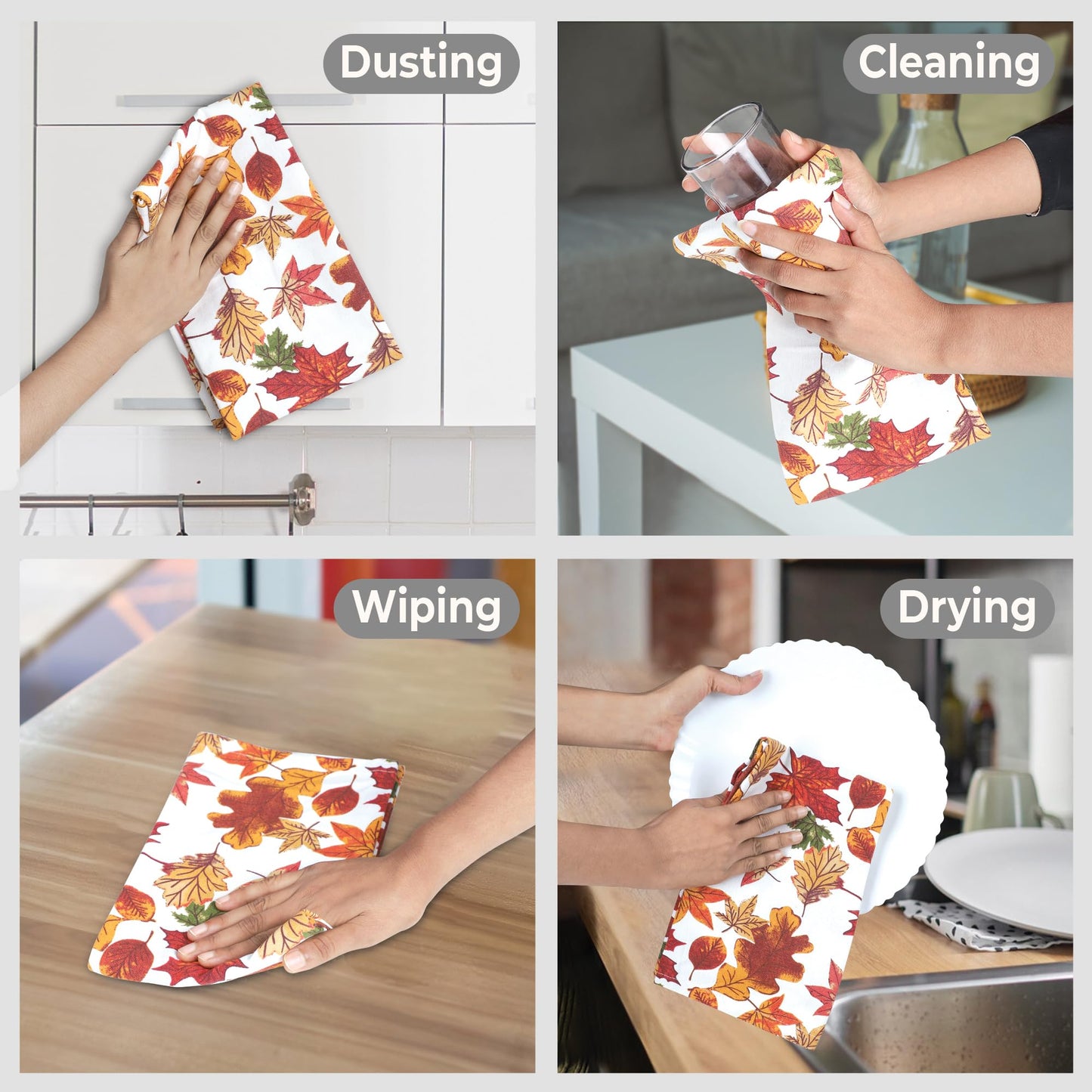 Urban Villa Fall Kitchen Towels Harvest Leaves Print Dish Towels Set of 6 20" X30” 100% Cotton Highly Absorbent Quick Drying Dish Cloths & Dish Towels Thanks Giving Tea Towels with Hanging Loop