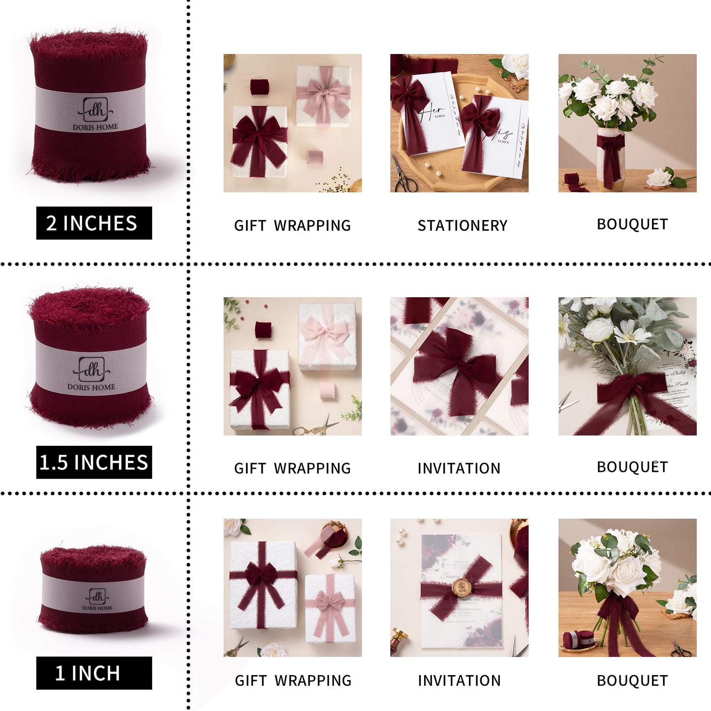 Burgundy and Pink Chiffon Ribbon for Flower Bouquet, 1" x21Yd Fabric Ribbon for Gift Wrapping, Handmade Frayed Ribbon for Wedding Invitations/Christmas Decorations