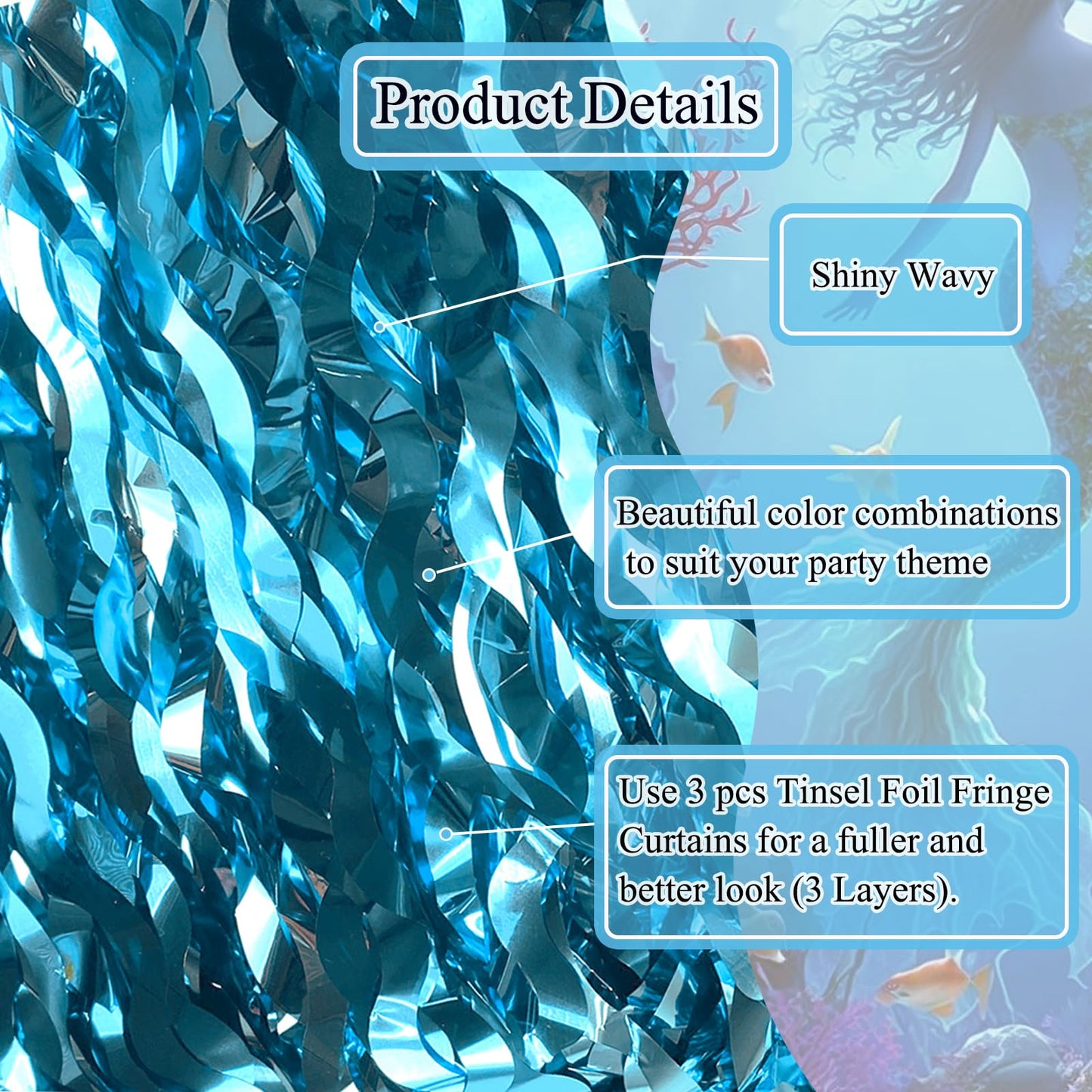 Wavy Tinsel Foil Fringe Curtains 3 pcs Teal Blue Backdrop for Mermaid Birthday,Under The Sea Party,Baby Shark Birthday Decorations(3.2 ft x 6.6 ft)