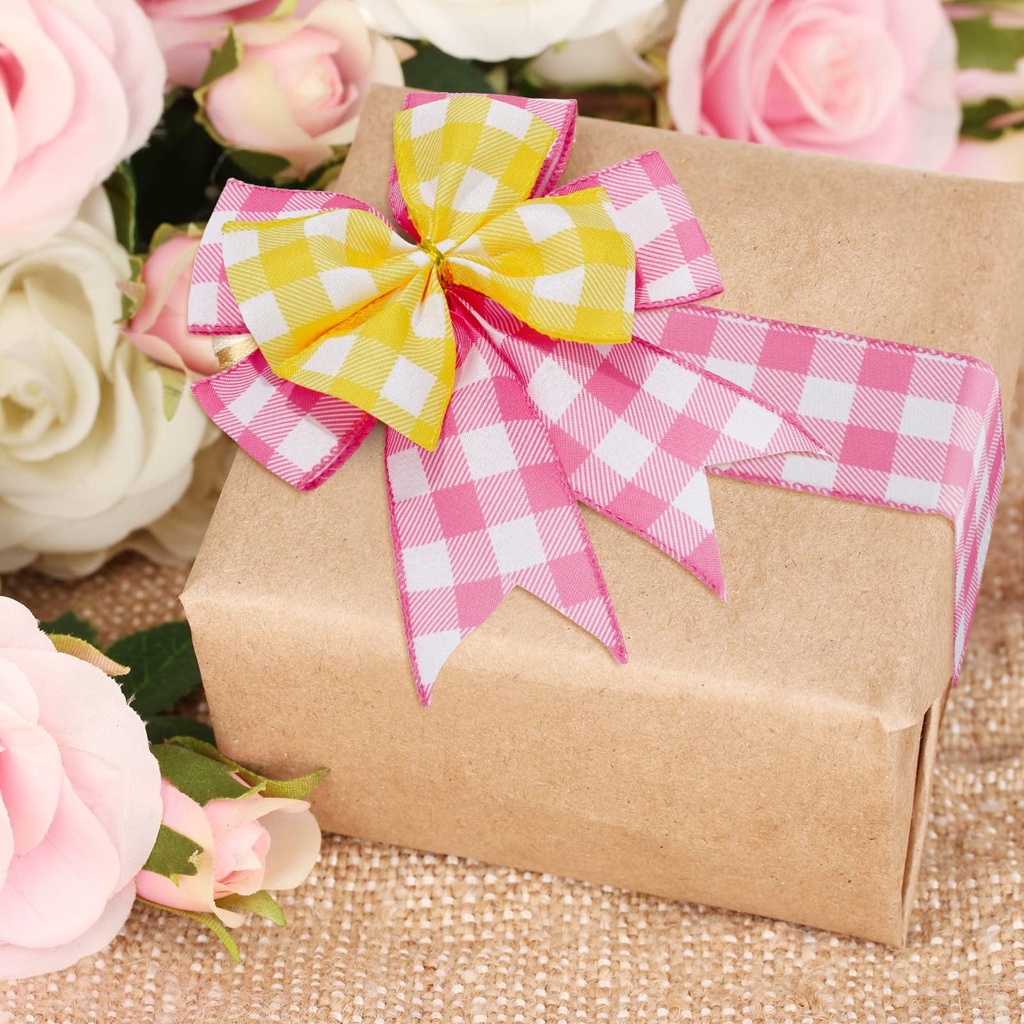 Colored Wired Edge Ribbon 30 Yards Spring Pastel Gingham Patterned Ribbon Colorful Buffalo Plaids Craft Fabric Ribbon for Gift Wreath Bow Making DIY Crafts Wrapping Supplies, 5 Rolls