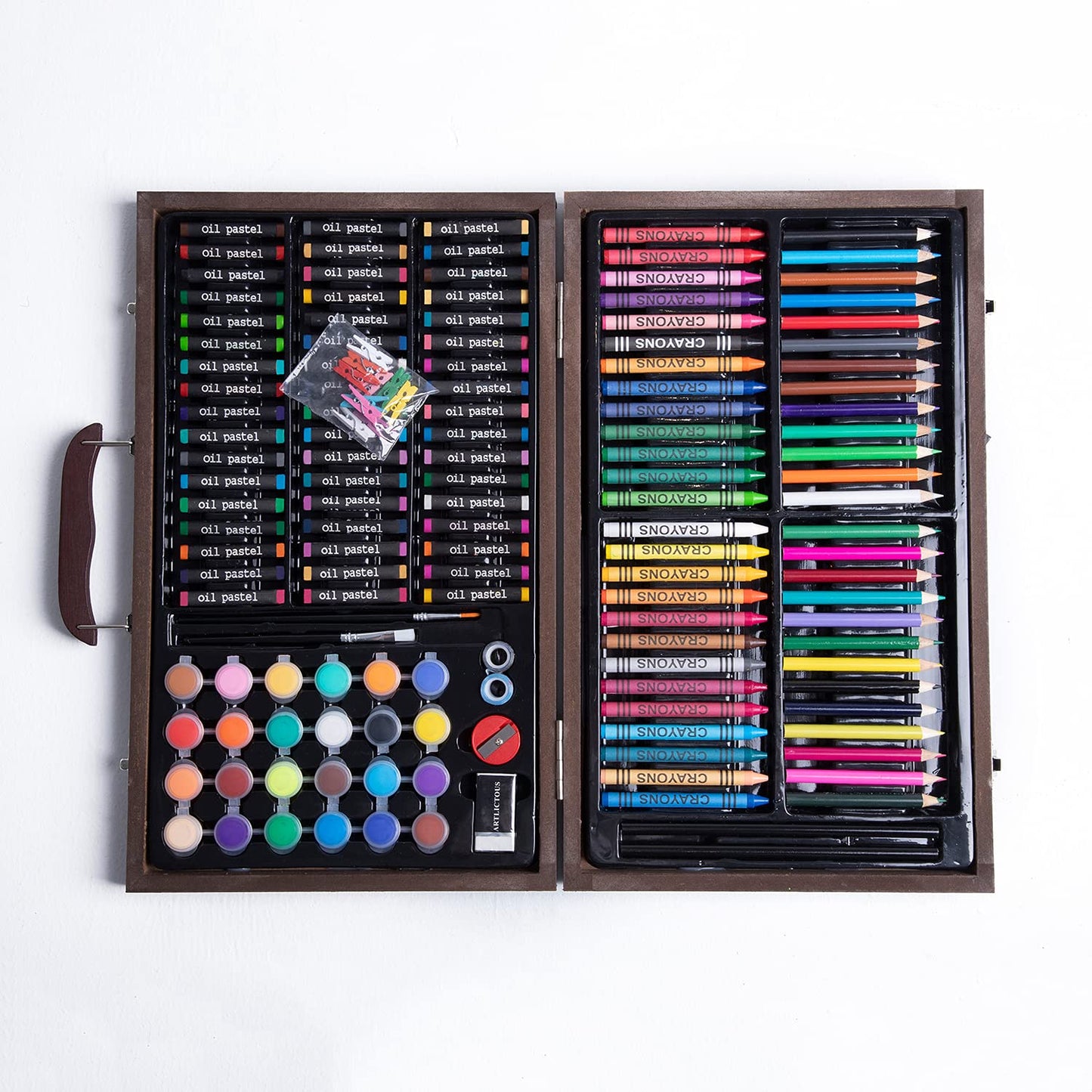 GRANDAN 145 Pieces Deluxe Art Set in Portable Wooden Box Drawing Kit Set with Oil Pastels, Crayons, Colored Pencils, Watercolor Cakes, Brushes, Wooden Case Art Supplies (Wooden)