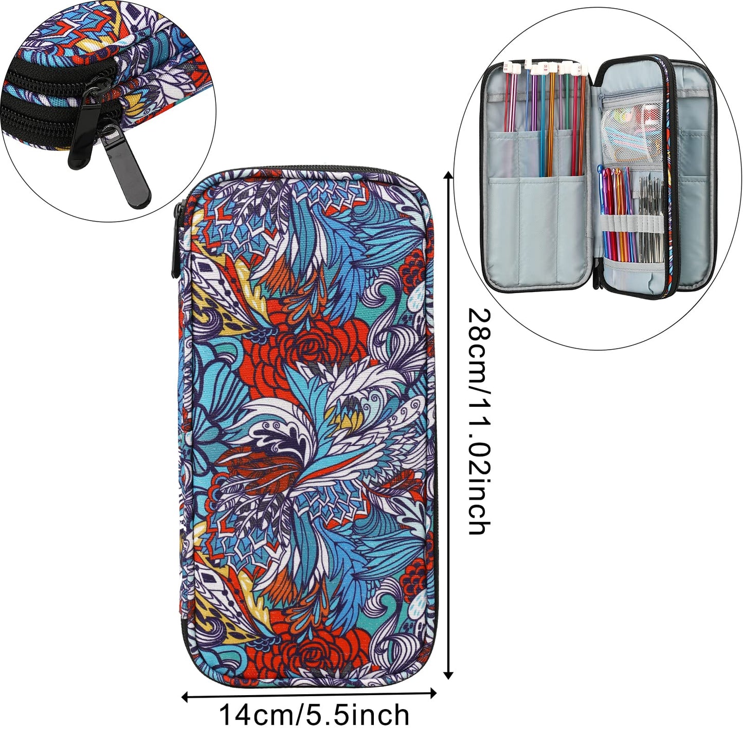 LOOEN Aluminum Tunisian Crochet Hooks Set Afghan Knitting Needles Kit with Long Case,11pcs 2mm/B-8mm/L Hooks and Necessary Accessories,Gift for Mom (Flower)