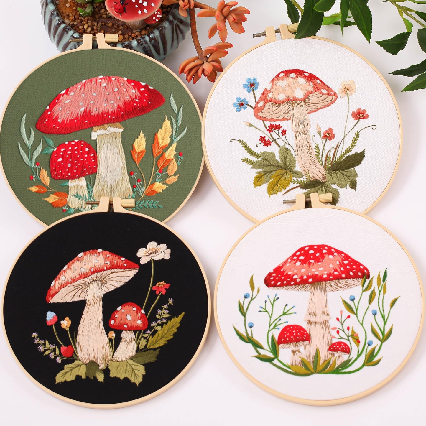 REEWISLY 4 pcs of Embroidery Starter kit with Patterns and Instructions, DIY Adult Beginner Embroidery Kits, Including 2 Plastic Embroidery Rings, 1 Pair of Scissors, Colored Threads and Needles