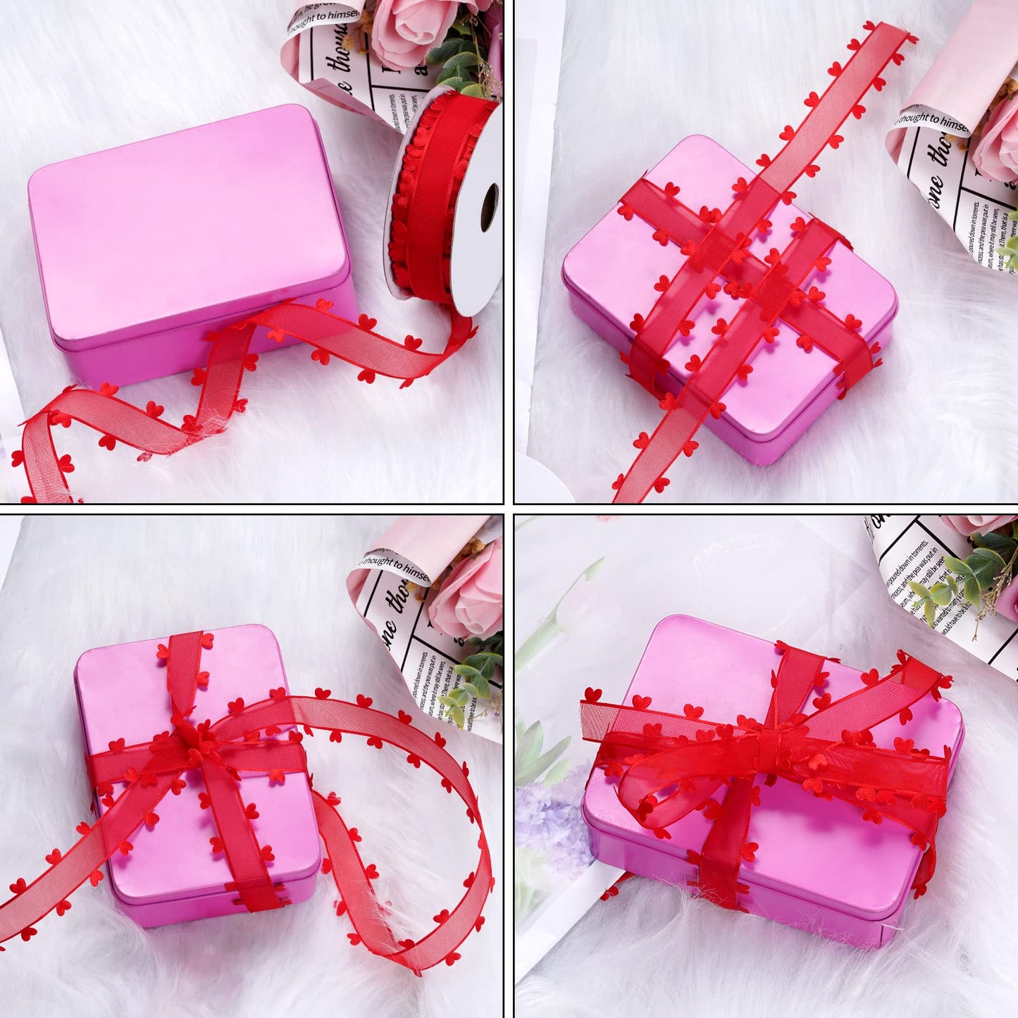 Red Pink Heart Ribbon Valentine Chiffon Organza Ribbon for Mother's Day Wedding Gift Wrapping Party Decoration Hair Bows Making Craft Sewing 40Yard
