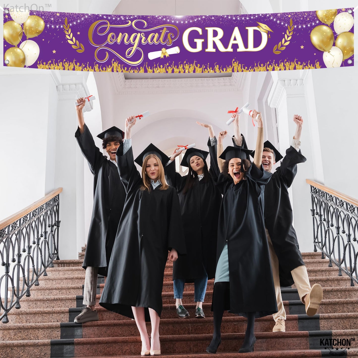 KatchOn, Xtralarge Purple and Gold Congrats Grad Banner - 120x20 Inch | Purple and Gold Graduation Yard Banner for Outdoor Graduation Decorations 2026 | 2026 Graduation Party Decorations