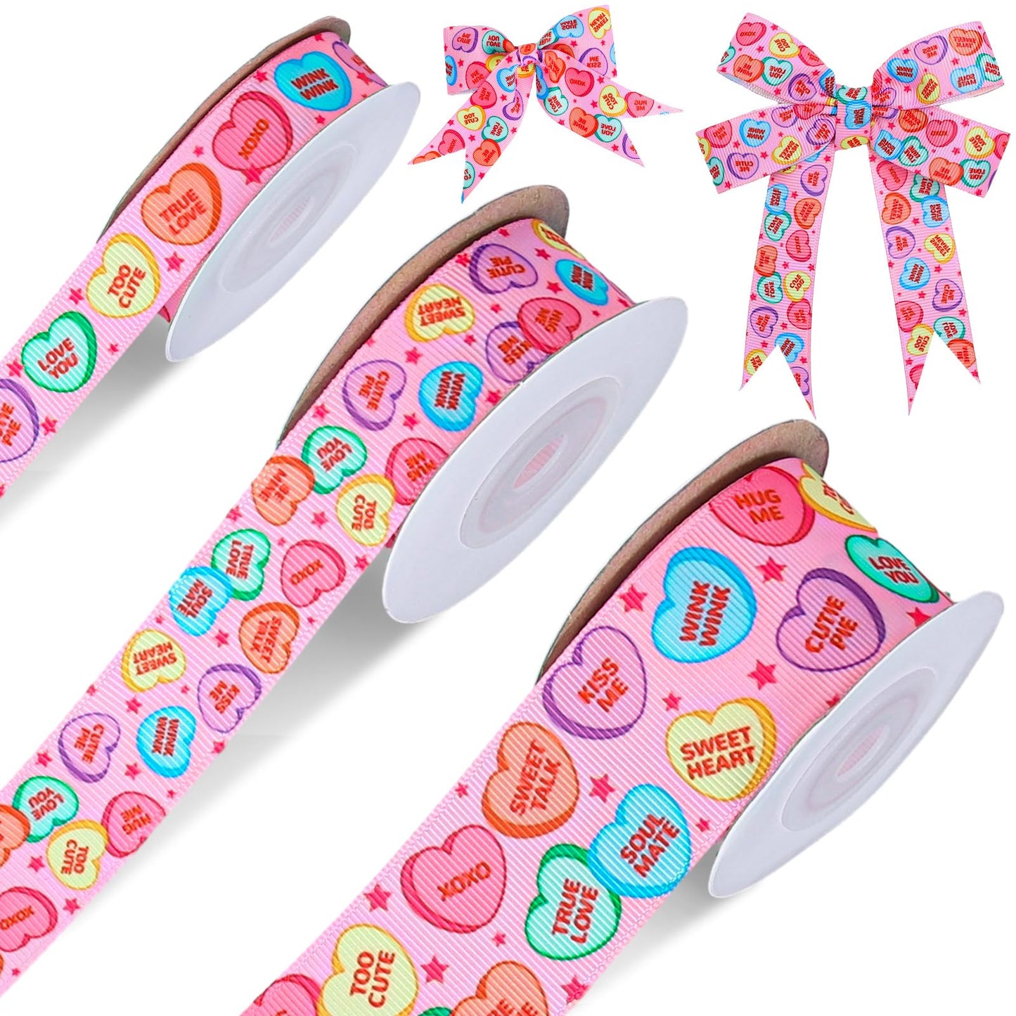 3 Rolls Valentine's Day Grosgrain Ribbon Conversation Heart Grosgrain Ribbon Candy Heart Craft Ribbon for Gift Wrapping Floral Arrangement Wreath Bow DIY Crafts Decor, 15 Yards