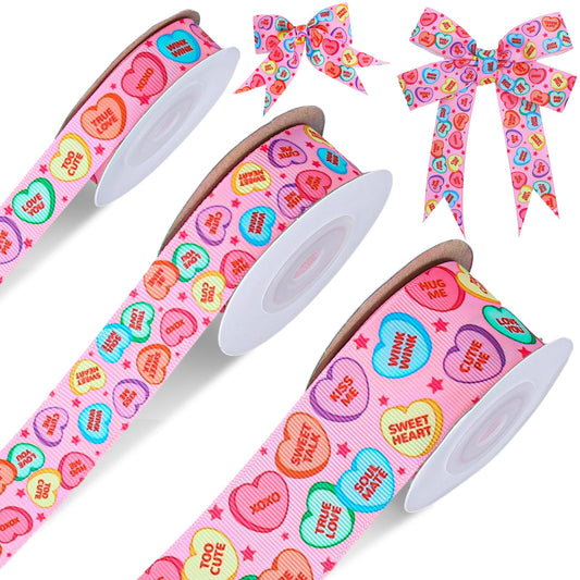 3 Rolls Valentine's Day Grosgrain Ribbon Conversation Heart Grosgrain Ribbon Candy Heart Craft Ribbon for Gift Wrapping Floral Arrangement Wreath Bow DIY Crafts Decor, 15 Yards