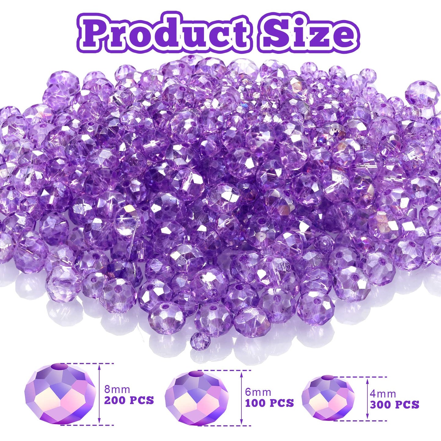 600 Pcs Crystal Glass Beads for Jewelry Making Bulk Faceted Gemstone Rondelle Loose Beads for Bracelet DIY Crafts 8 mm, 6 mm, 4 mm(Purple)