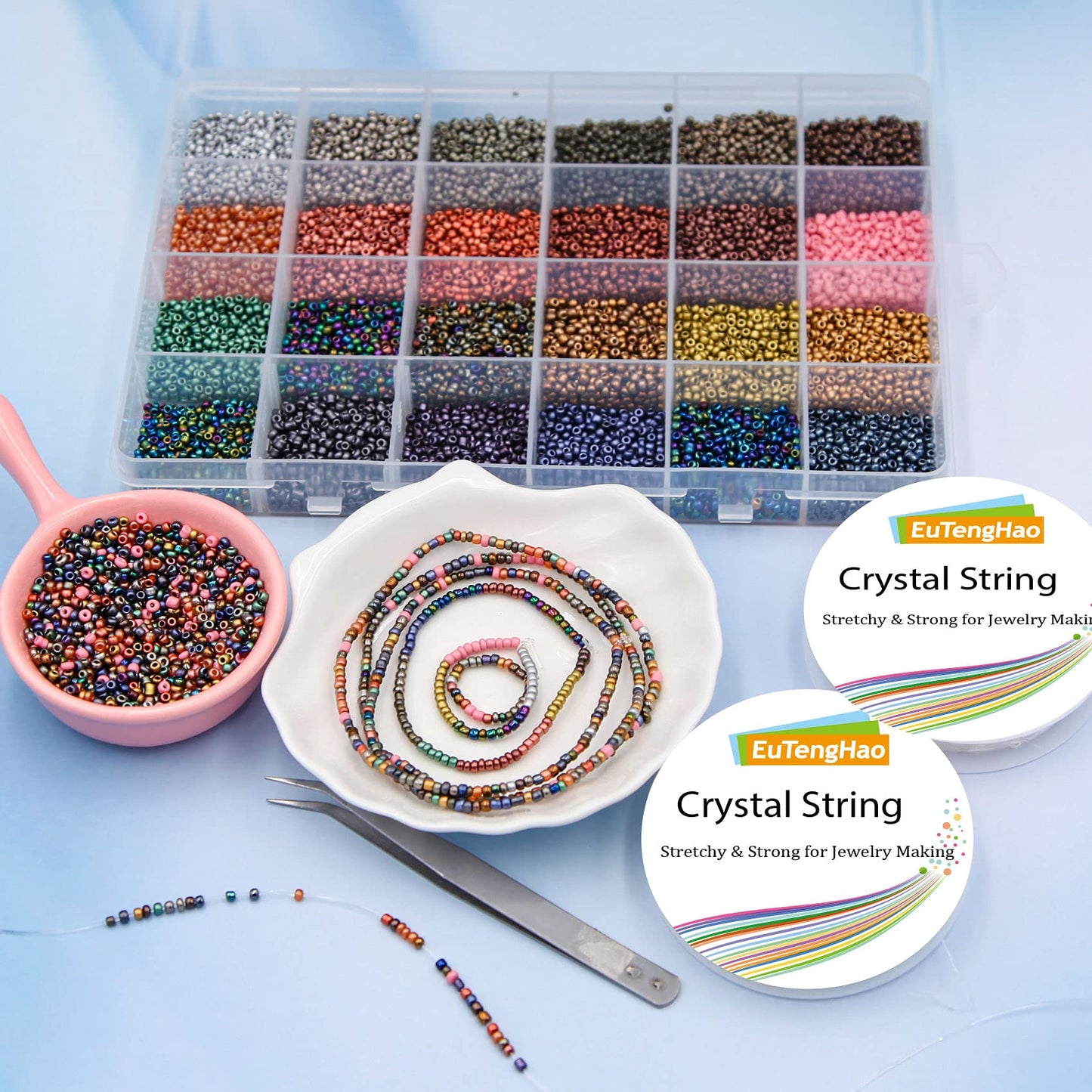EuTengHao 8/0 Glass Seed Beads Kit, 3mm Metal Color Waist Beads, 24Colors Small Pony Beads with String for Bracelet Necklace Earring Jewelry Making (14405PCS, 600 Per Color)