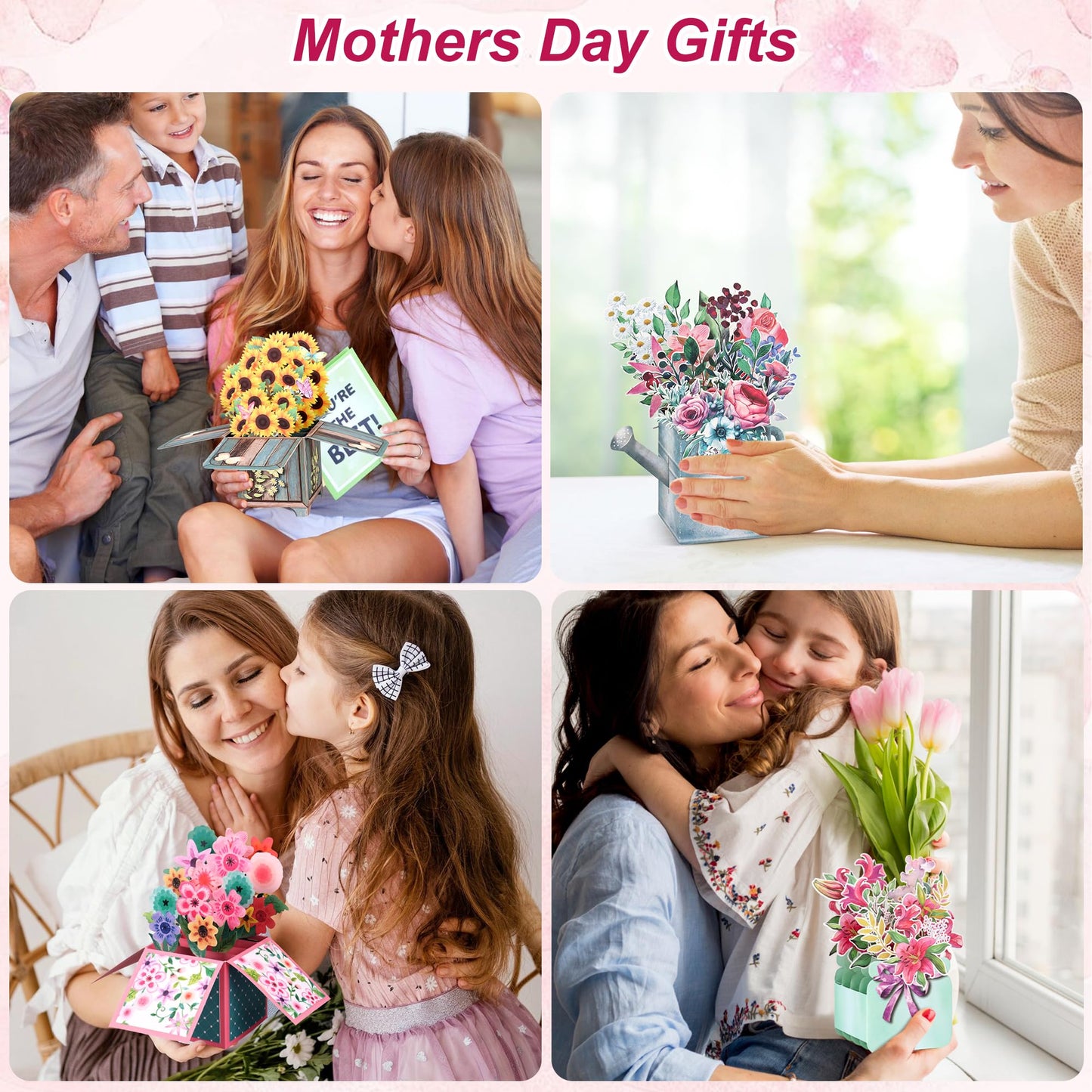 Giiffu 4 Pack Pop Up Flower Bouquet Cards, 3D Paper Flower Greeting Cards with Envelope & Note, Pop Up Birthday Cards for Women, Mothers Day Card, Thank You, Get Well, All Occasion Gift Cards