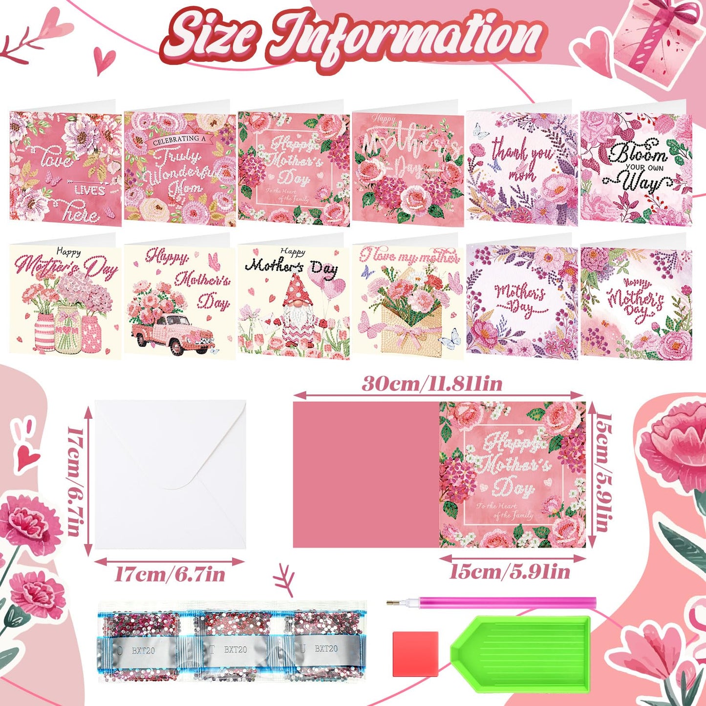 Saillong 12 Pack Mother's Day Diamond Painting Greeting Card Kits Mother's Day Diamond Art Cards with Envelopes 5D Rhinestones Painting Making Kits for Adult DIY Craft Family Friend Holiday Mom Gifts