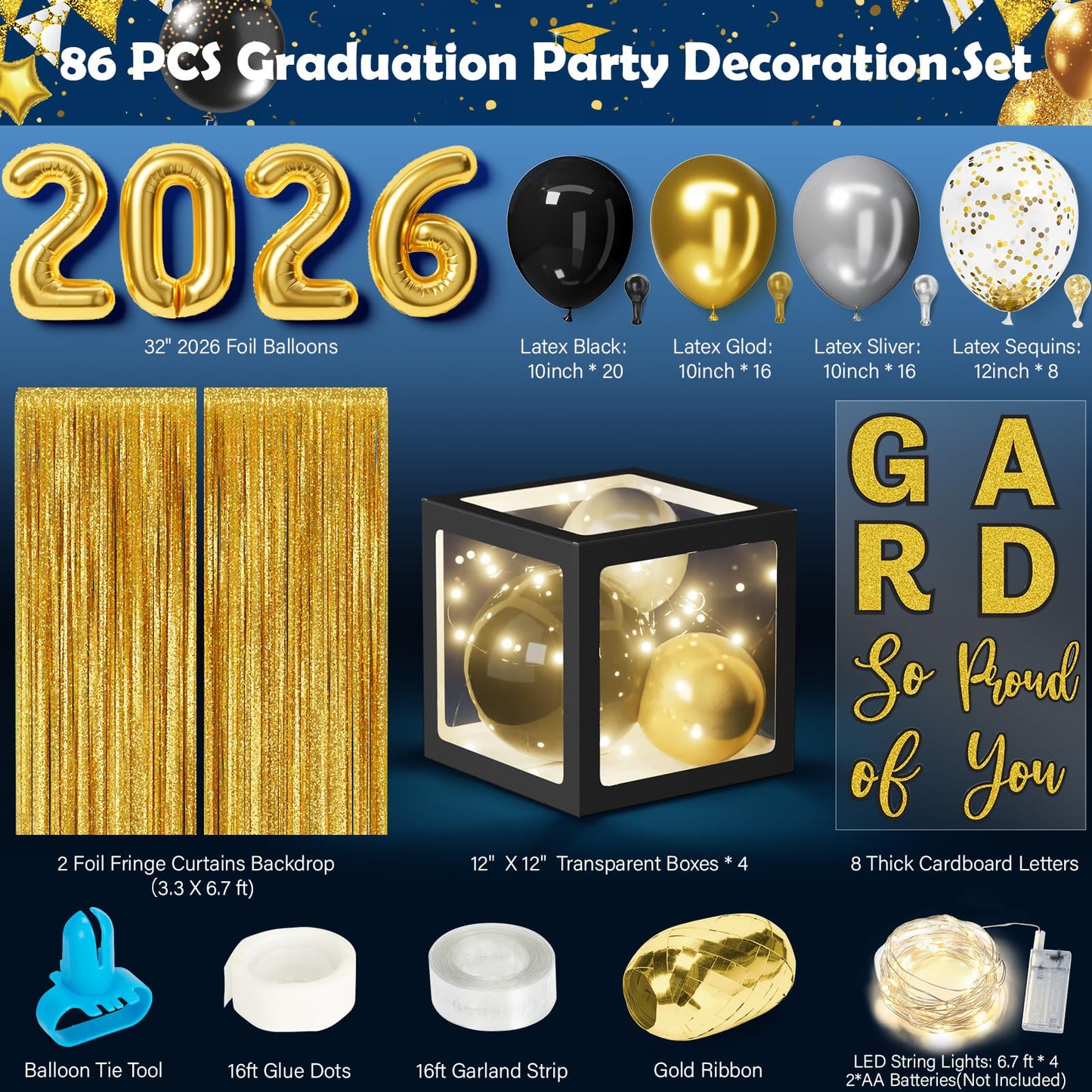 Ecomore 2026 Graduation Decorations - 86 PCS Graduation Party Decor Supplies Set Includes LED Light Strings Balloon Block Boxes with Letters Foil Curtains Backdrop 2026 Balloon Garland Kit- Black Gold