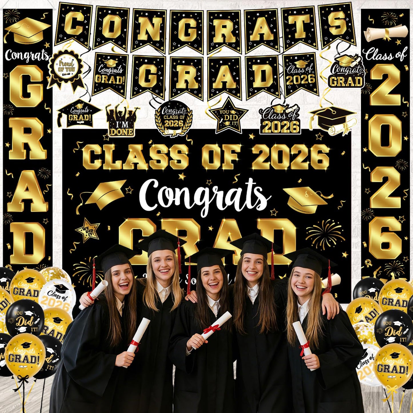 2026 Graduation Decorations - Black and Gold Graduation Decorations Set Congrats Grad Banner & Backdrop, Porch Sign, Hanging Swirls, Balloons, Honeycomb Centerpieces for Congrats Grad Party Decorations