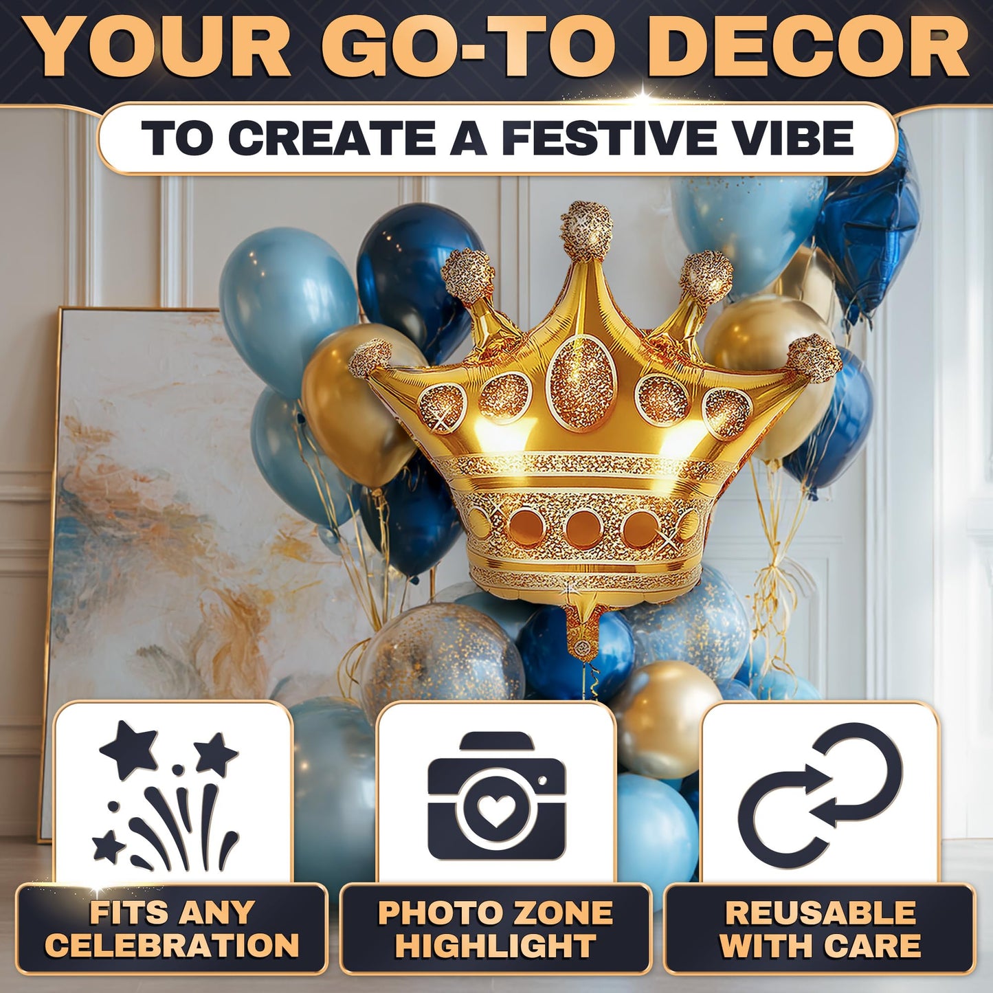 3 Pcs 38" Gold Crown Balloons – Large Gold Balloons with Royal Crown Shape, Reusable Aluminum Foil – Eye Catching Centerpiece for Princess Party Decor, Birthday Setup, Graduation and Photo Backdrop