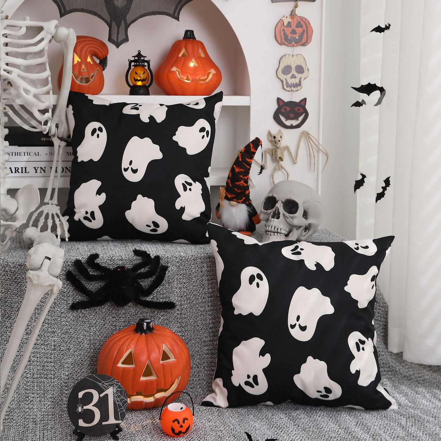 DFXSZ Halloween Pillow Covers 18x18 inch Set of 2 Happy Halloween White Ghost Decor Black Pillow Covers Happy Halloween Sofa Bed Outdoor Car Decoration TH-14A18